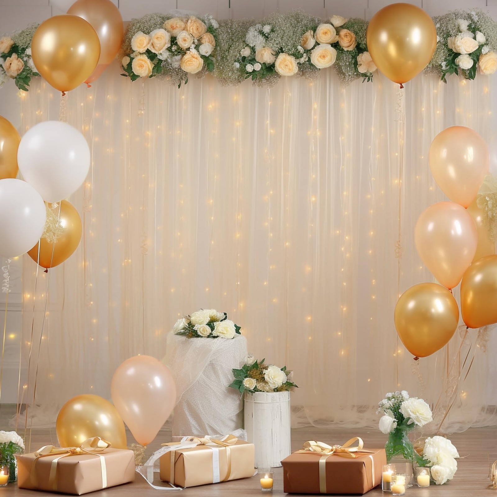 10x10ft Champagne Tulle Backdrop Curtain with Lights String for Parites, Shee…