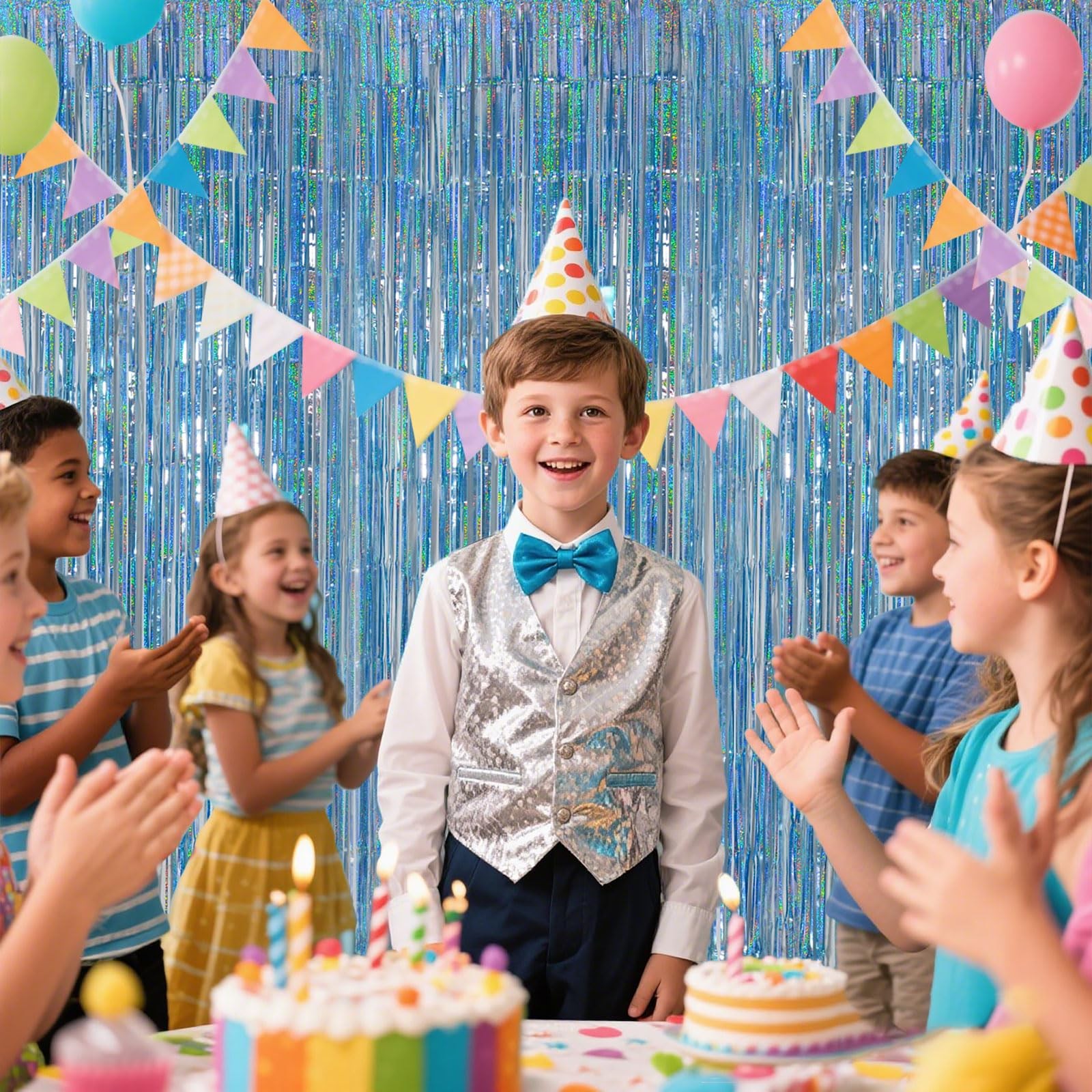 Light Blue Metallic Streamer Backdrop with Glitter Tinsel,3.28 x 6.56ft Foil …