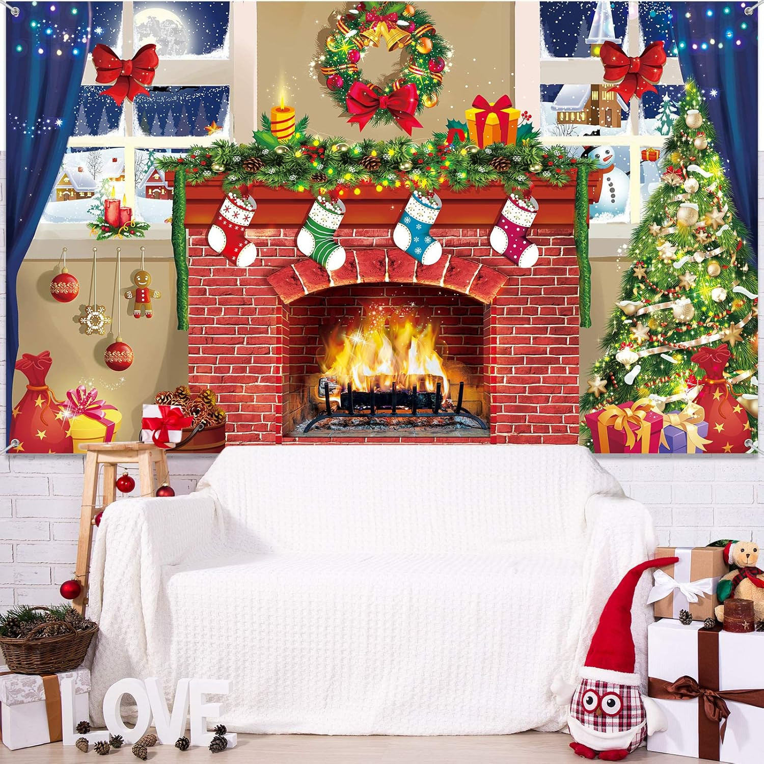 6×4 feet Christmas Fireplace Theme Backdrop Christmas Brick Wall Theme Decoratio