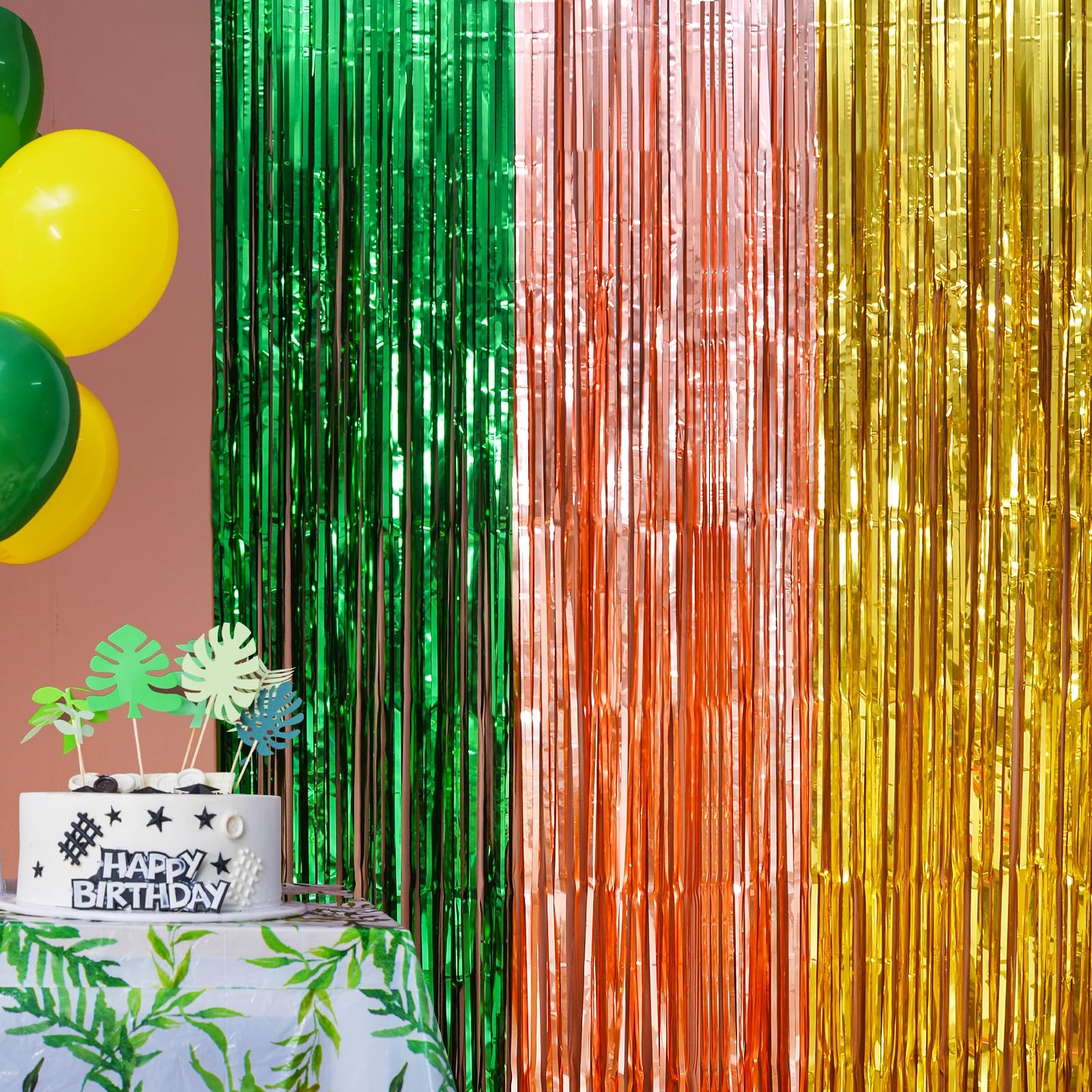 LOLStar Hawaiian Luau Foil Fringe Curtains, 2 PACK, Green Brown and Yellow