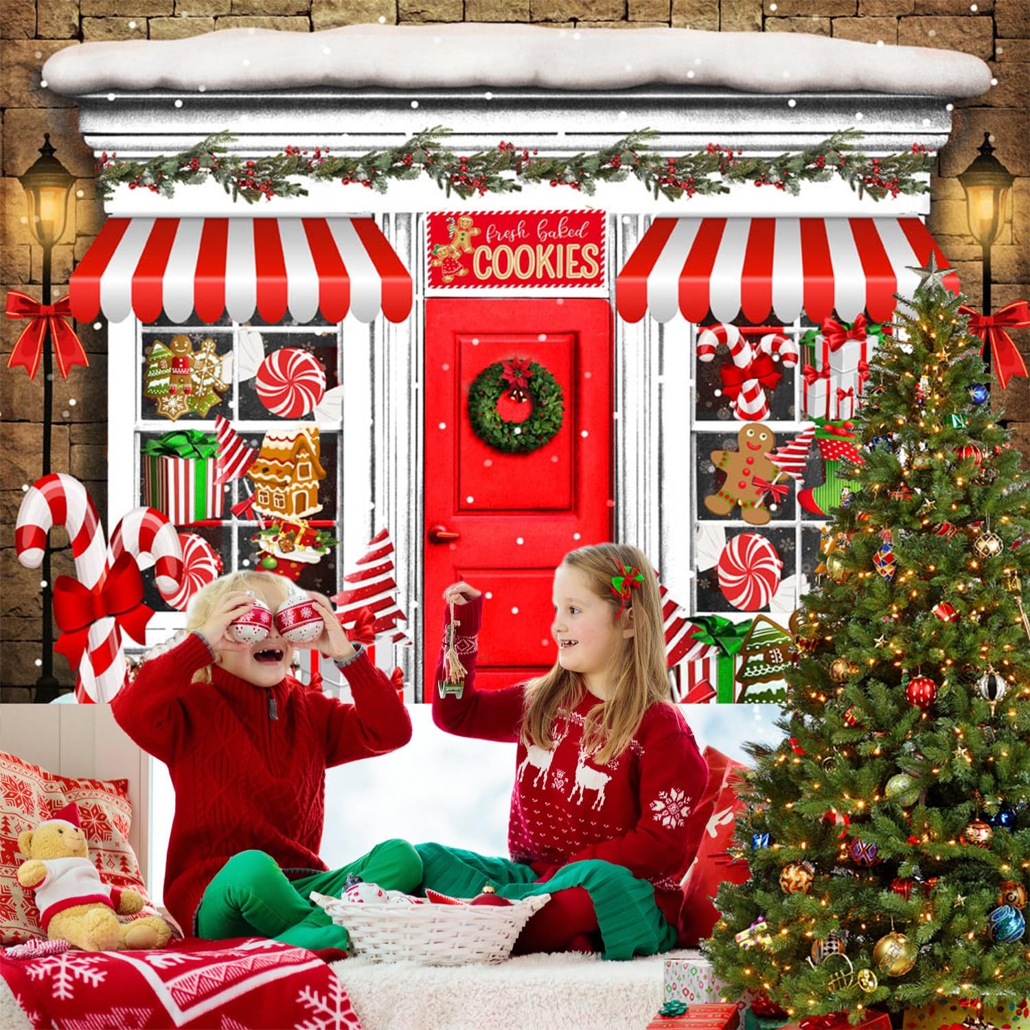 10×8 FT Christmas Candy Store Backdrop Gingerbread House Photography Decor