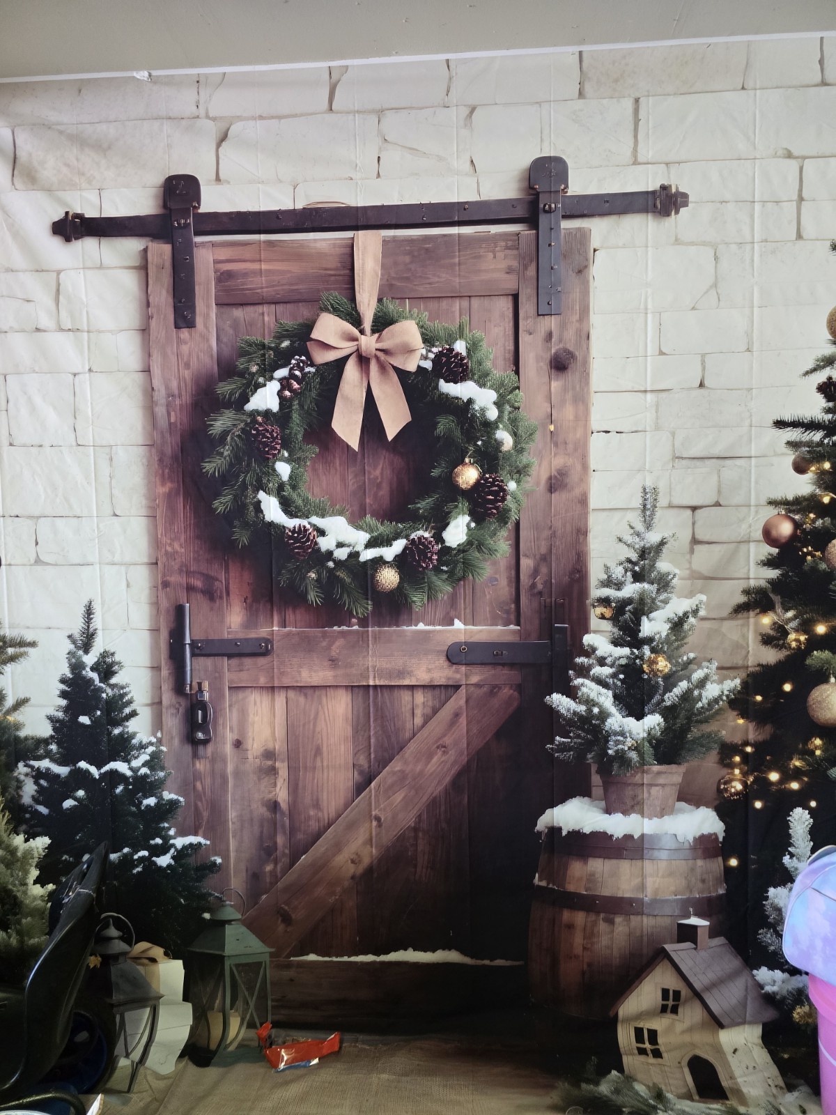 Christmas Backdrop Snowy Winter Forest 10x8ft Wooden Window Photo Background