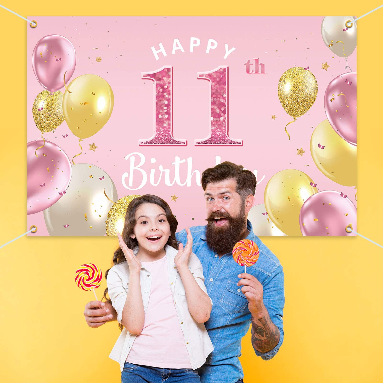 PAKBOOM Happy 11th Birthday Backdrop Banner – 11 3.9 ft x 5.9 ft, Pink