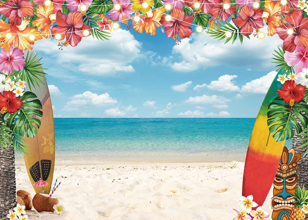 7x5FT Summer Hawaiian Beach Backdrop Sky Ocean Tropical Palm Flower Surfboard