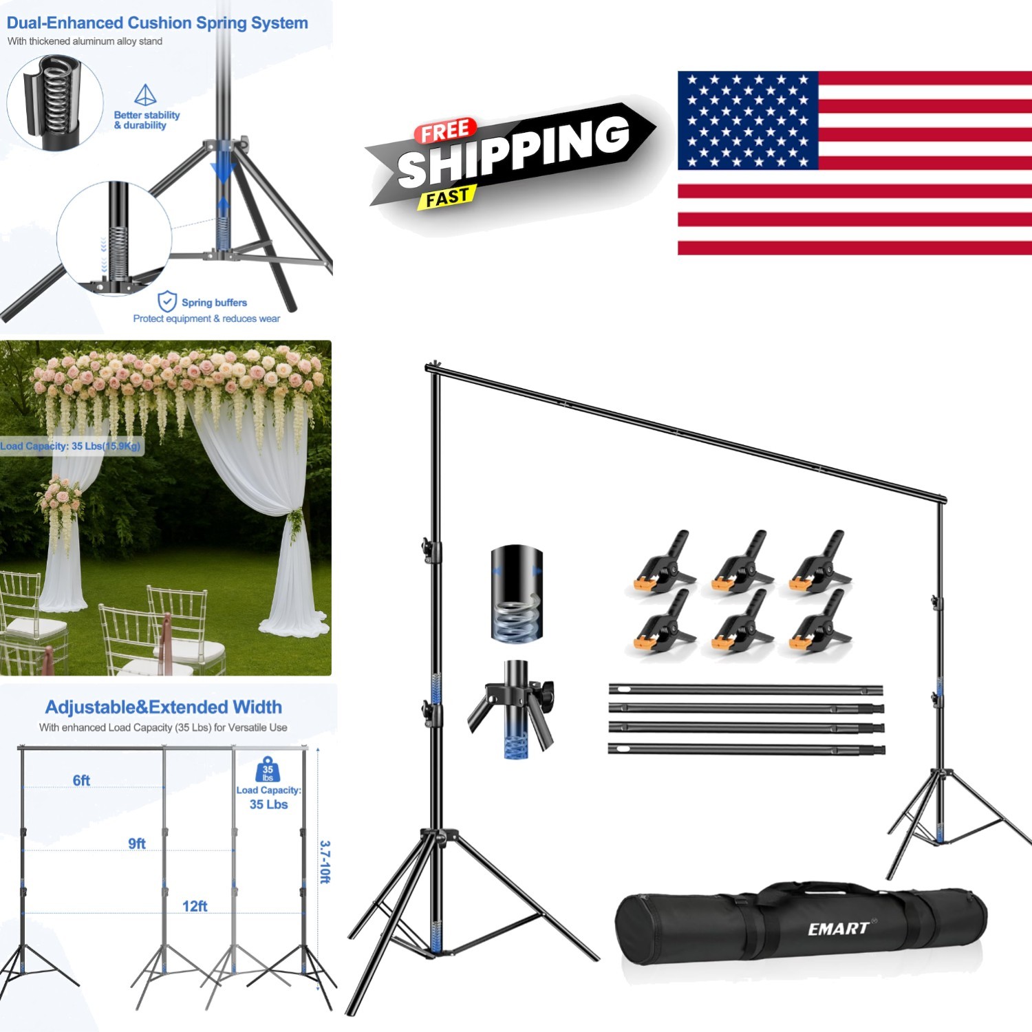 Adjustable Photo Video Backdrop Stand 10 x 12ft Black Aluminum Support System