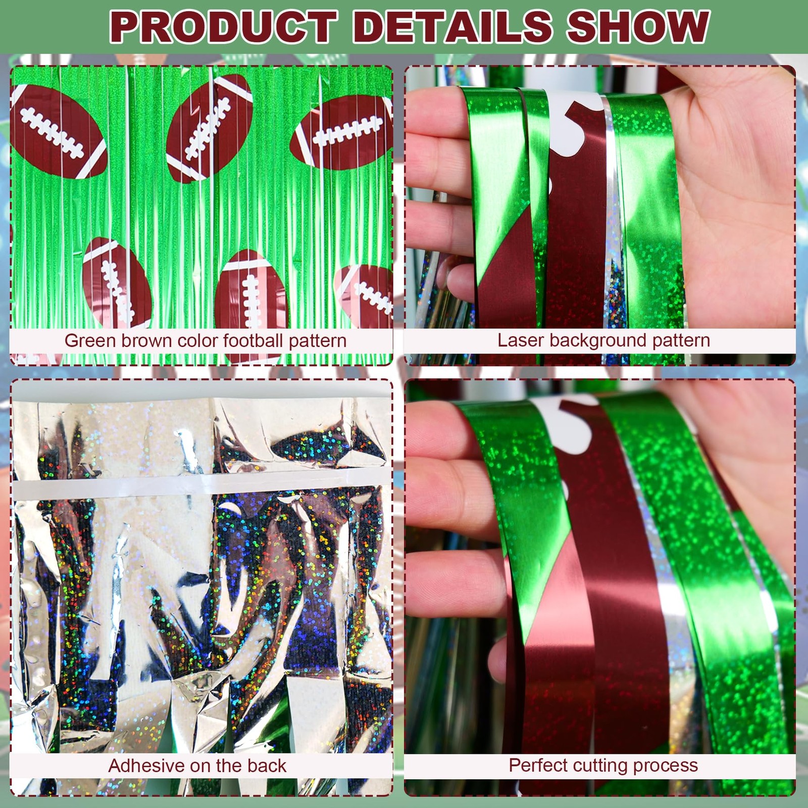 2Pcs Football Background Party Decorations3.3×6.6 ft Football Foil Fringe Cur…