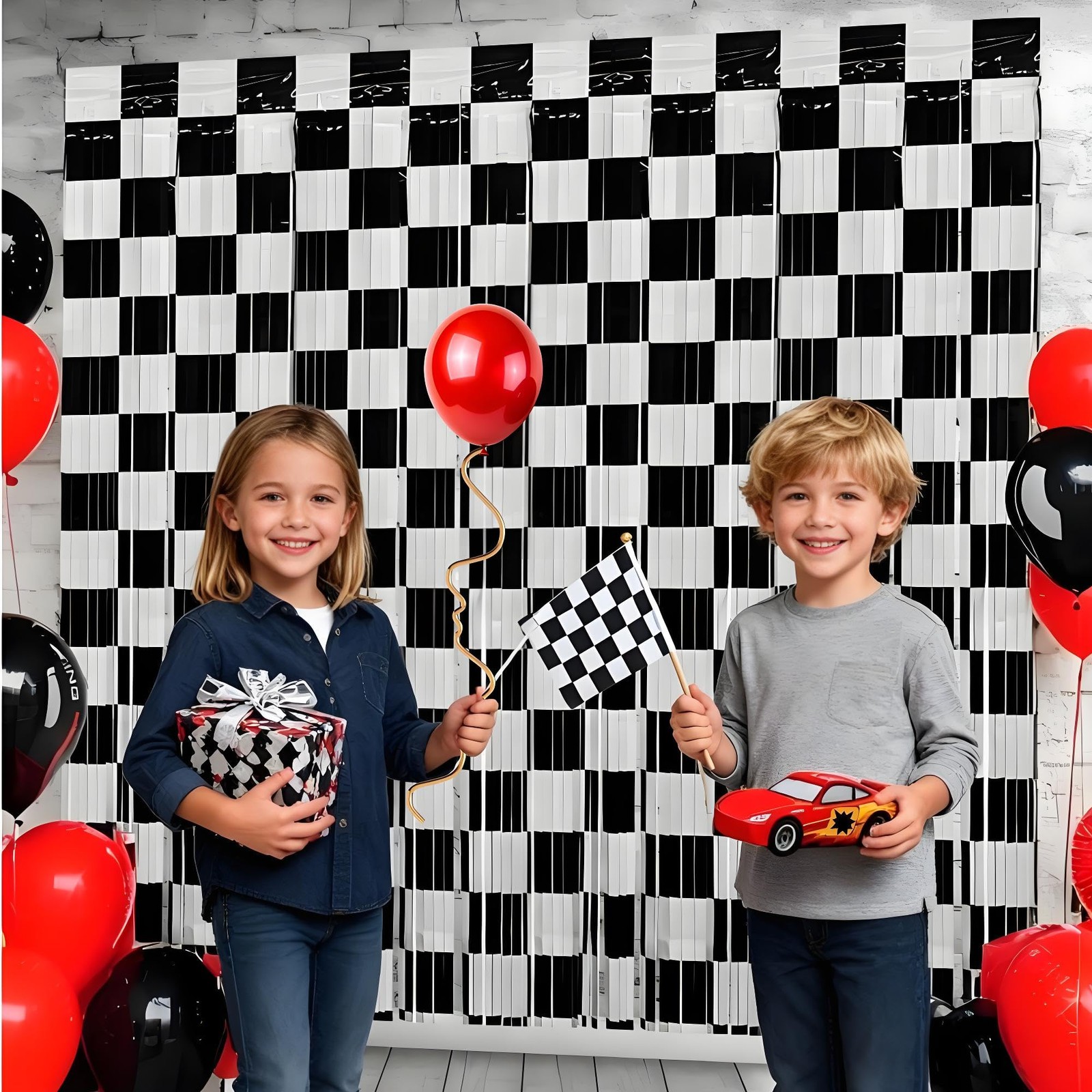 Birthday Party Streamers Photo Booth Backdrops Black White Checkered Foil