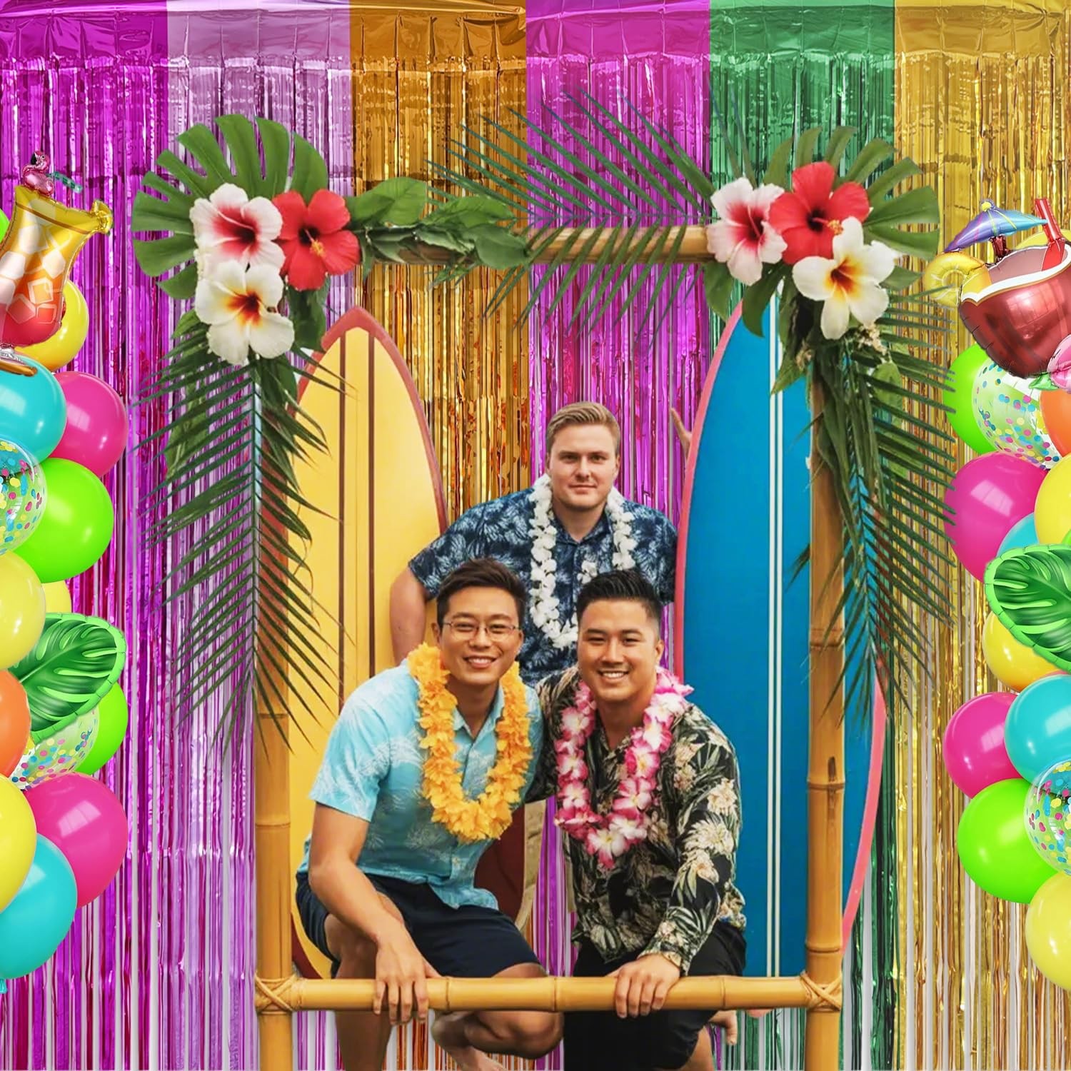 4 PCS Hawaiian Luau Party Decorations 3.28×6.56 Ft Foil Fringe Curtains