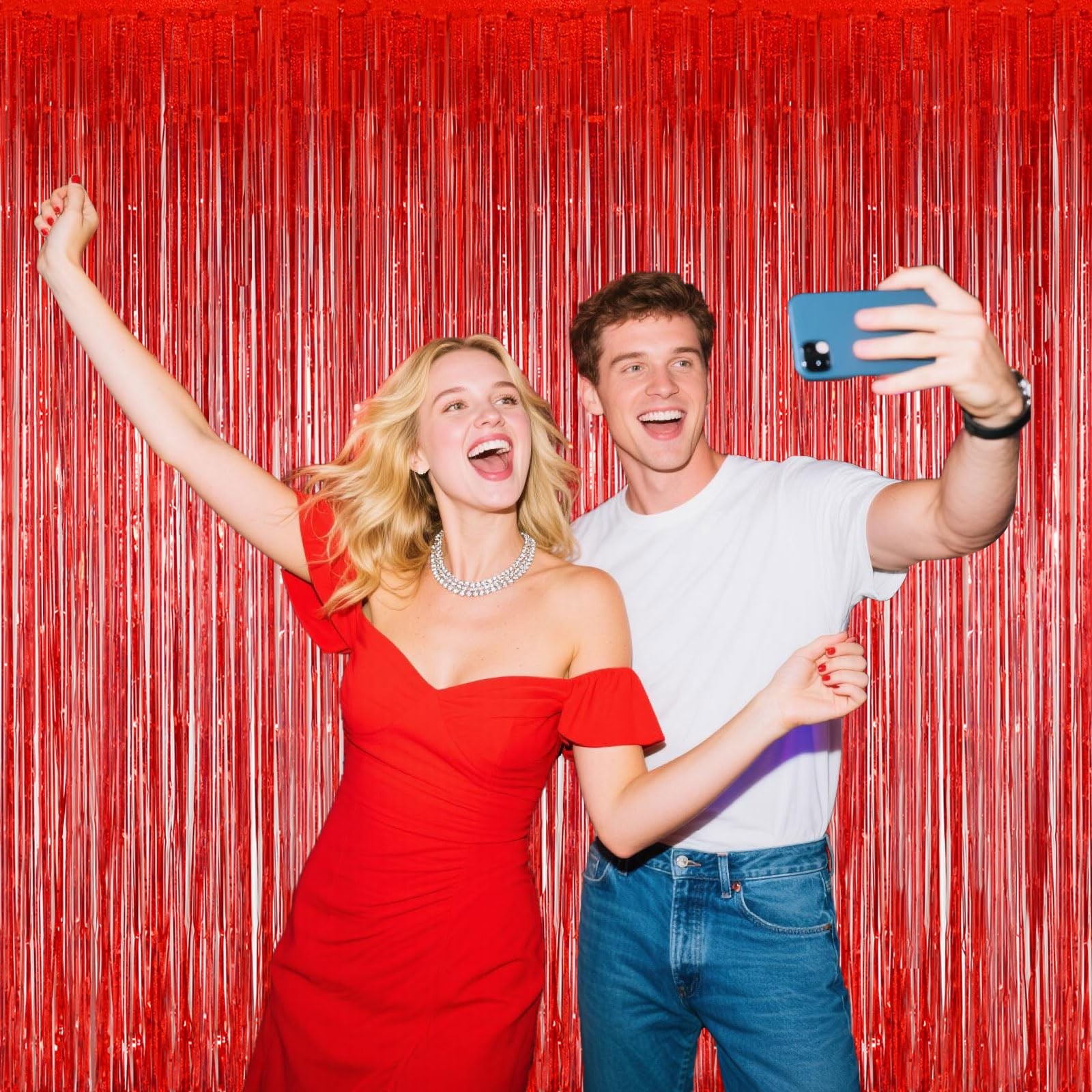 Red Foil Curtains 3.28×6.56 Ft Shiny Metallic Tinsel Backdrop Fringe