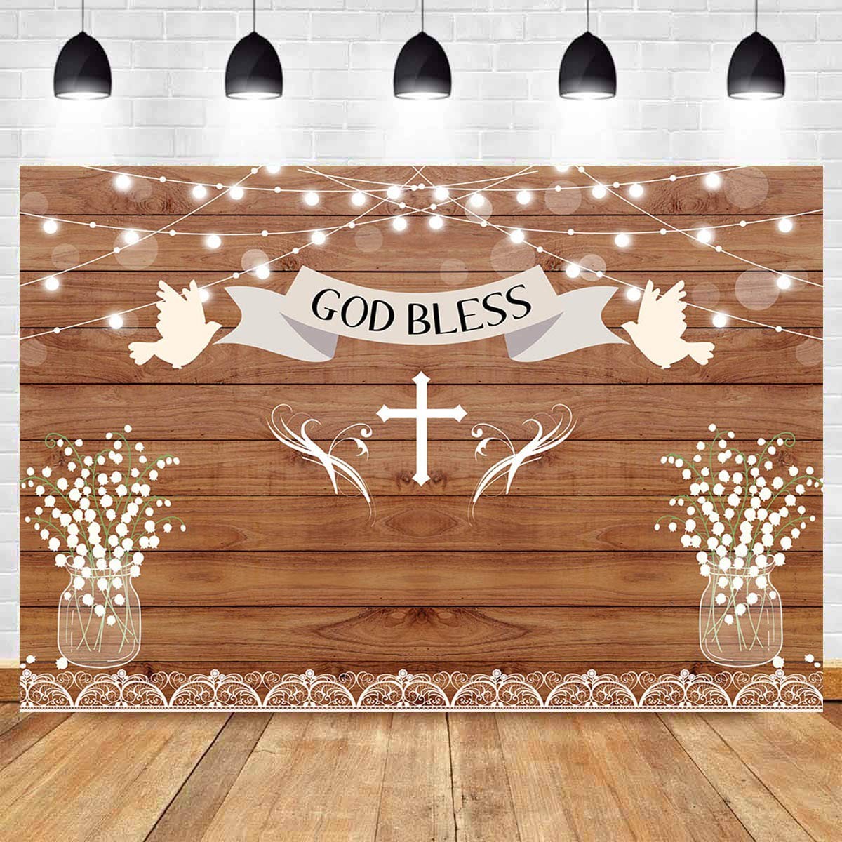 God Bless Baptism Backdrop Rustic Wooden Board Wall Sparkle 5×3 feets, White