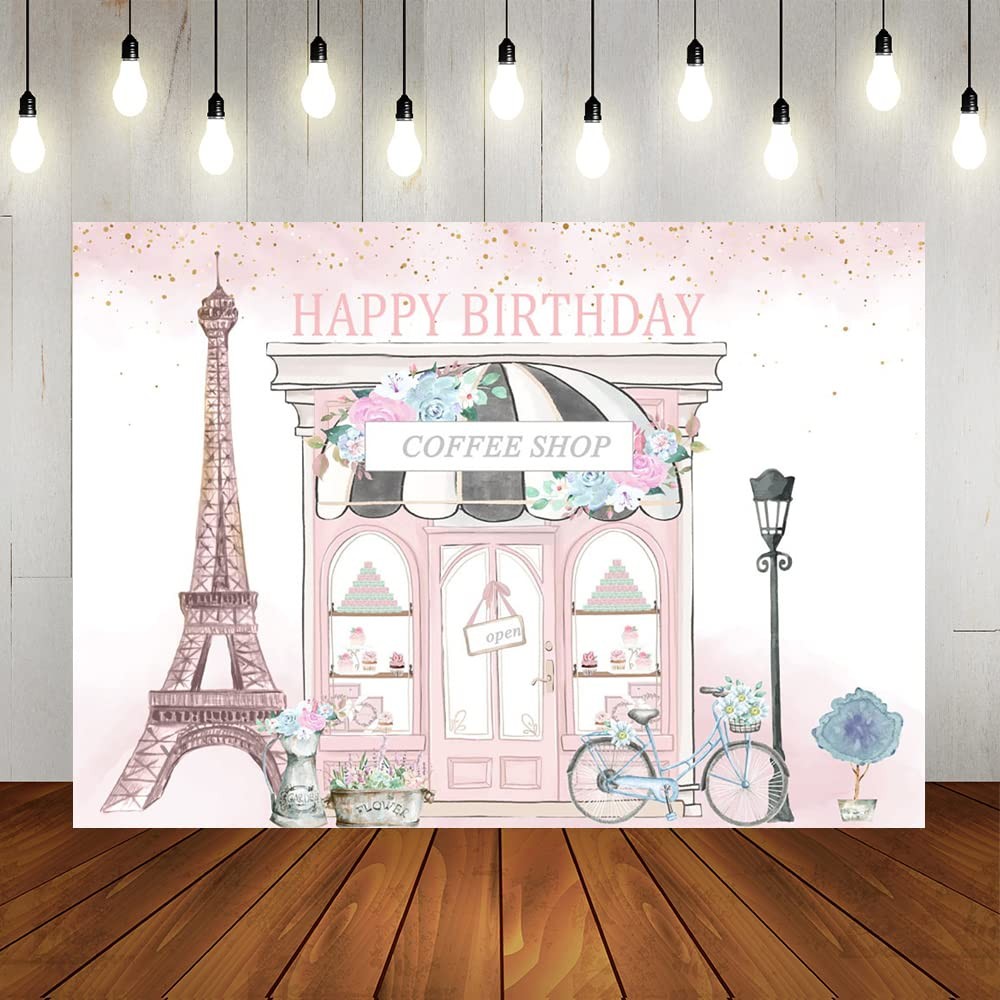 Birthday Backdrop 7x5ft Girls Pink Paris Eiffel Tower Party Photo Background