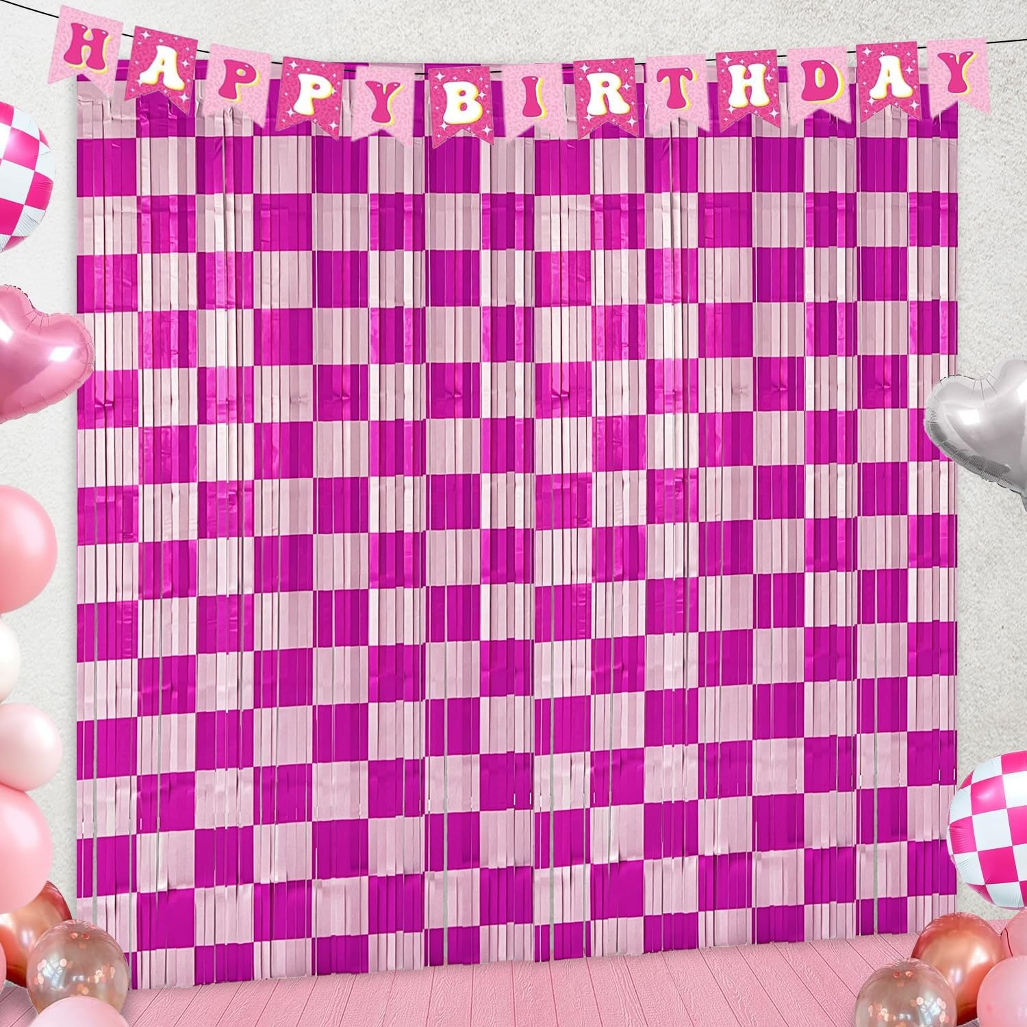 Pink Checkered Party Backdrop Foil Fringe Curtain Birthday Photo Decor 4 Pcs