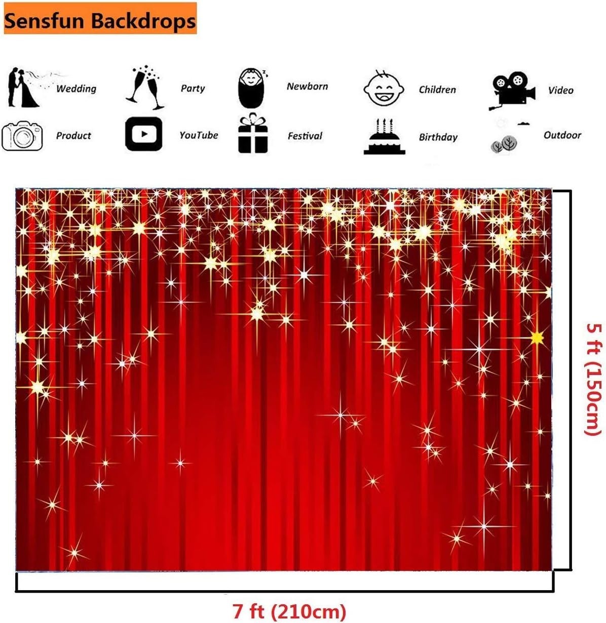 7x5ft Gold Starry Red Photography Backdrop Glitter Golden Star Stripes Backgr…