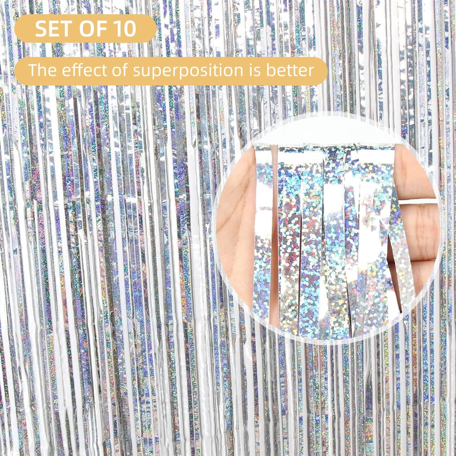 10 Pack Silver Foil Curtain Backdrop 3.2×6.6 Ft Glittering Metallic Tinsel