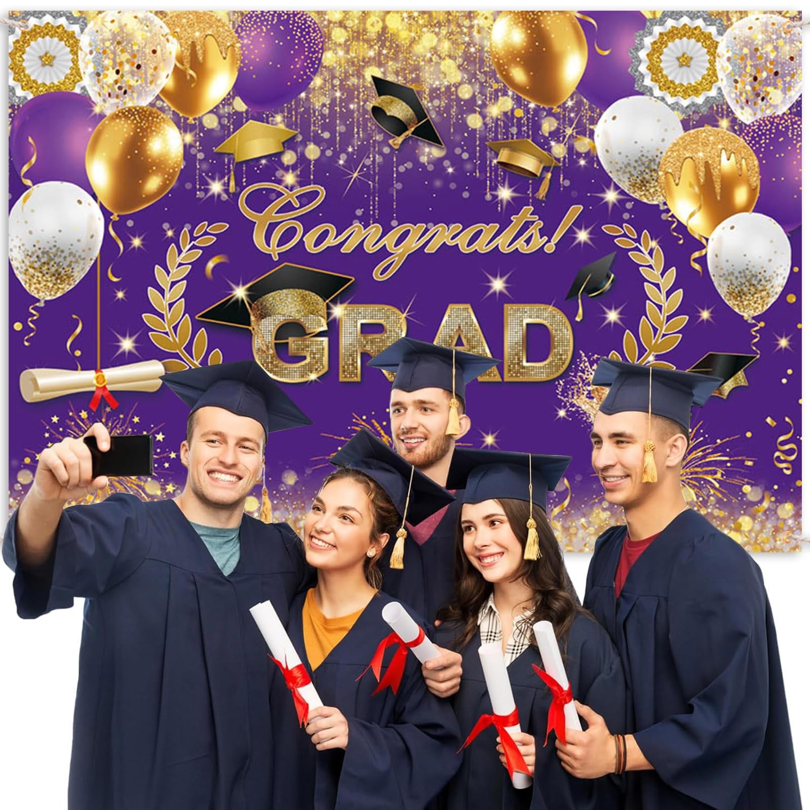 7x5ft Congrats Grad Backdrop Purple Gold Glitter Graduation Photography Backgrou