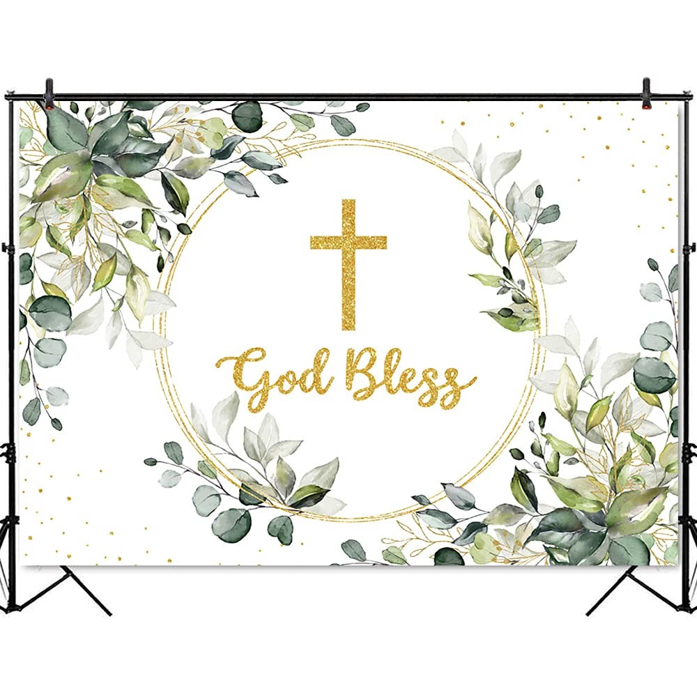 Baptism Backdrop 10x7ft Greenery Green Gold God Bless – Cake Table Decoration
