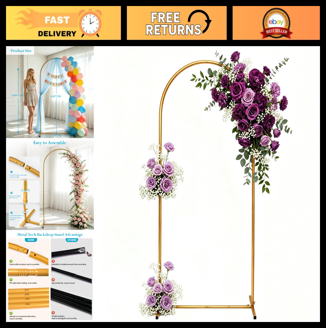 6.6 FT Metal Arch Stand – Gold Wedding Backdrop, Balloon Display for Parties, Ba