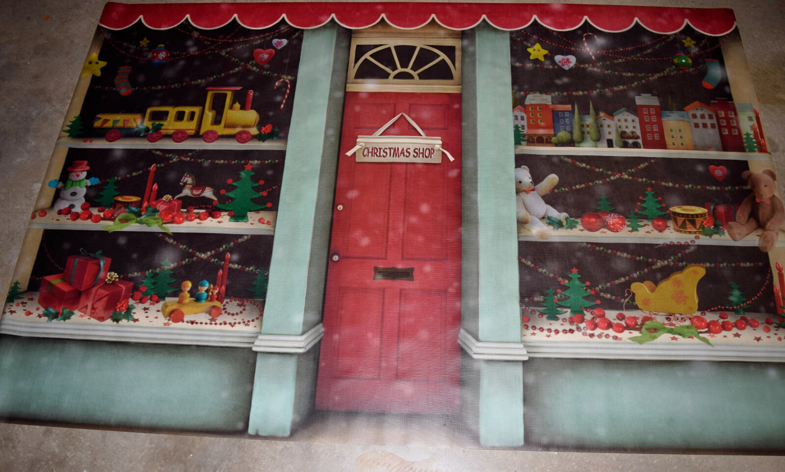 Holiday Photo Backdrop Prop CHRISTMAS SHOP reinforced Vinyl 9x6FT Immaculate!