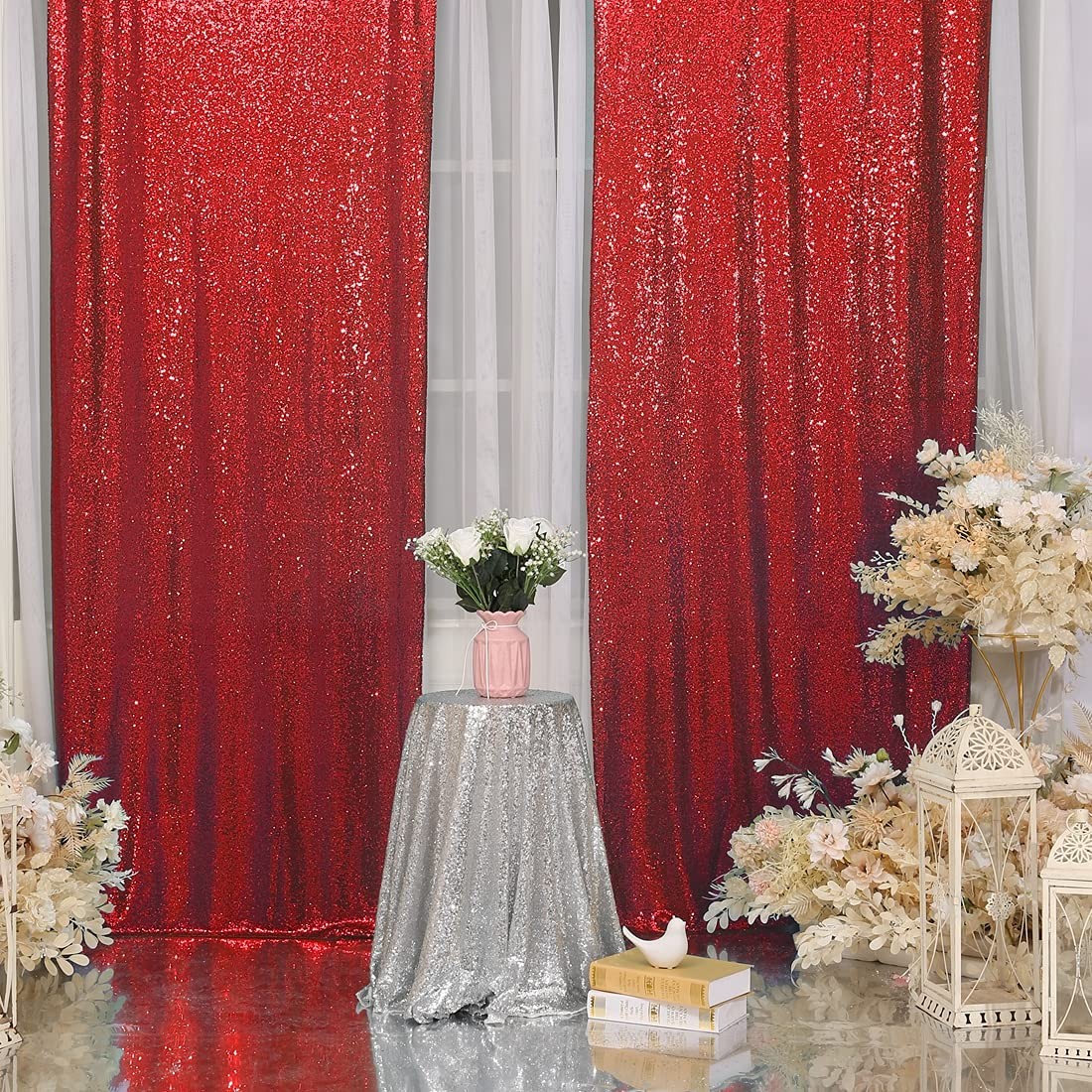 Sequin Curtain Backdrop 2FT x 8FT Red 2 PCS Background for Wedding Party Set