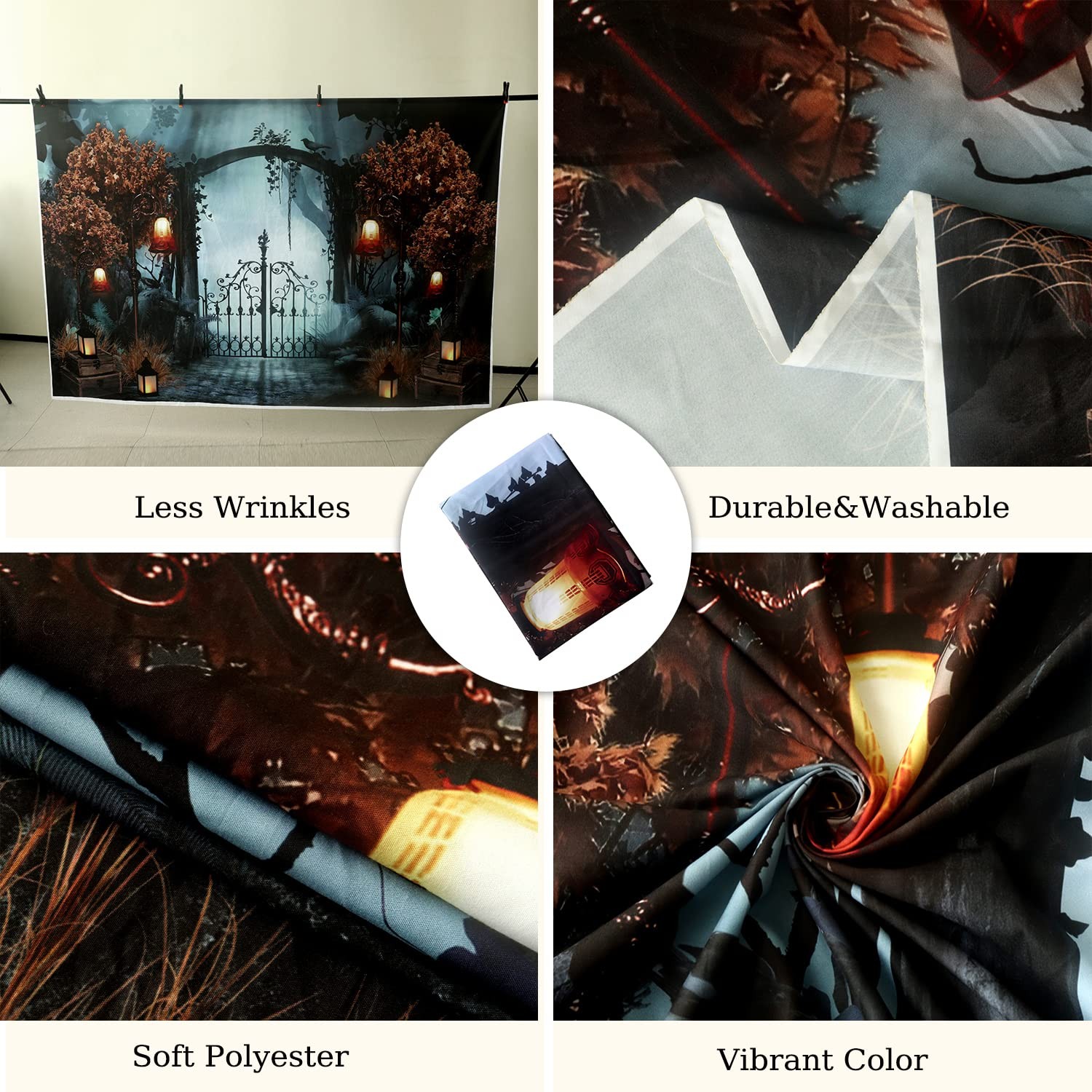 8x6ft Durable Fabric Halloween Backdrop, Horror Cemetery, Iron Gate, Scary