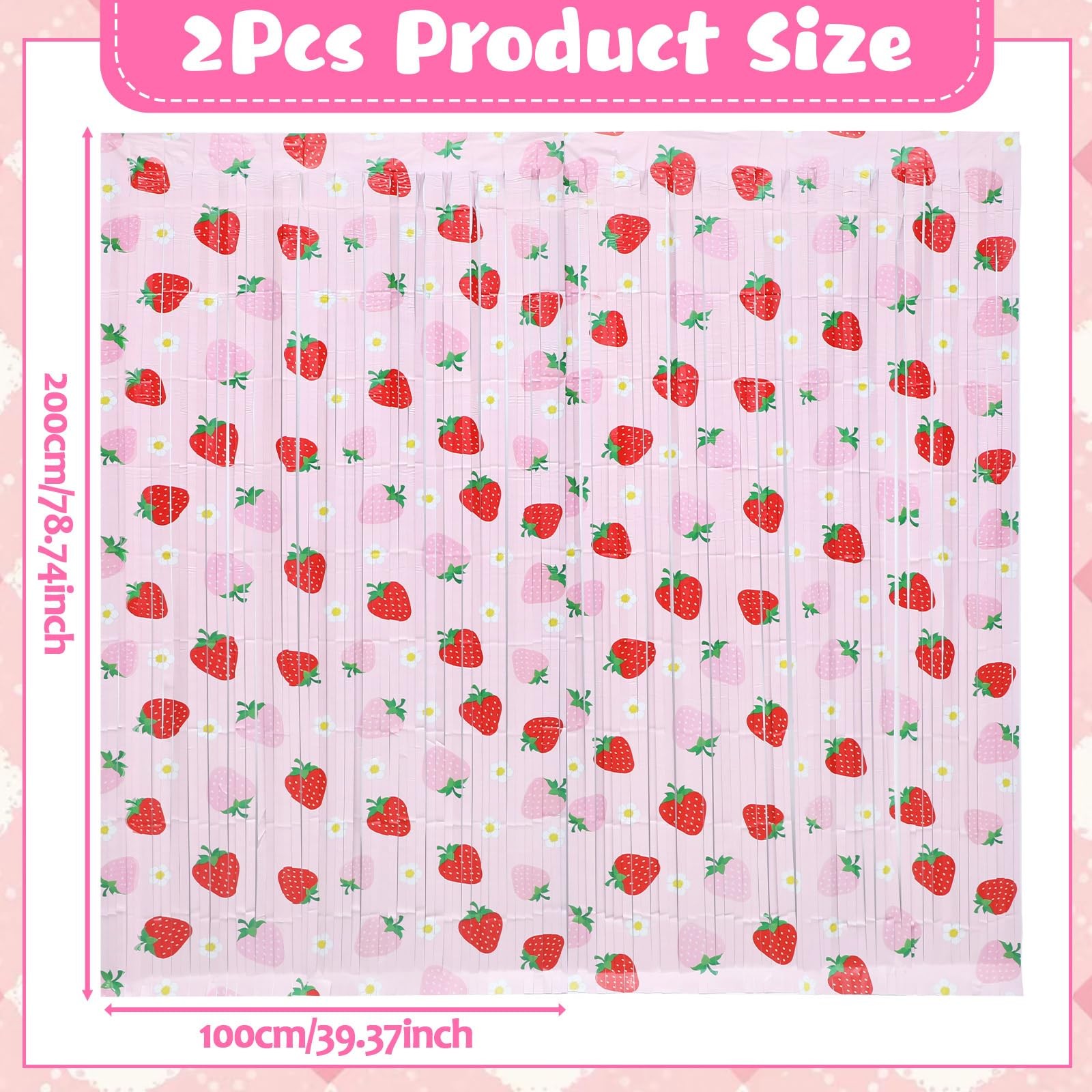 2 PCS Strawberry Foil Fringe Curtain Birthday Party Backdrop 3.3×6.6 FT