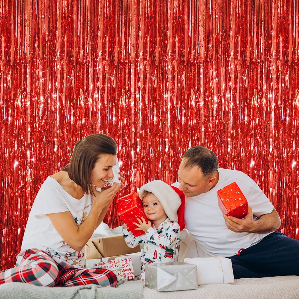 Red 2 Pack 3.2×9.8 FT Metallic Tinsel Foil Fringe Streamer Curtain Backdrop