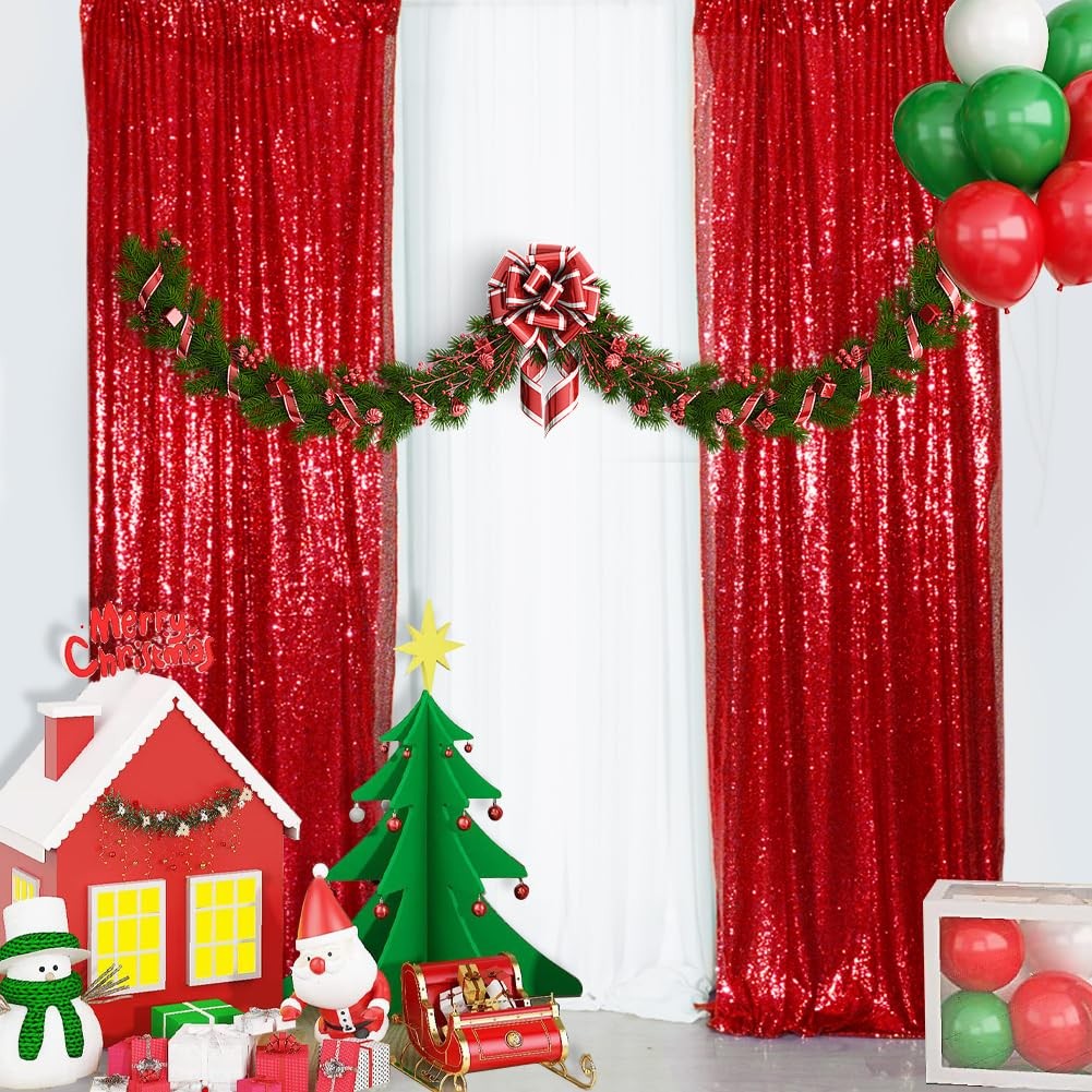 Sequin Curtain Backdrop 2FT x 8FT Red 2 PCS Background for Wedding Party Set