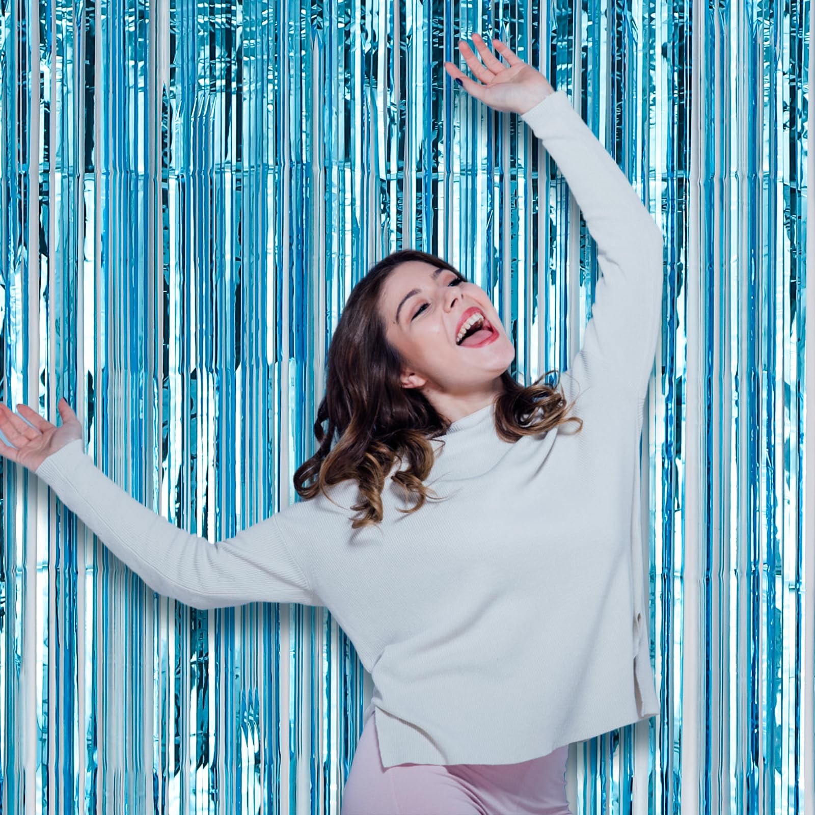 3 Pack 3.3×8.2 Ft Light Blue Foil Fringe Backdrop Curtains Tinsel Streamers