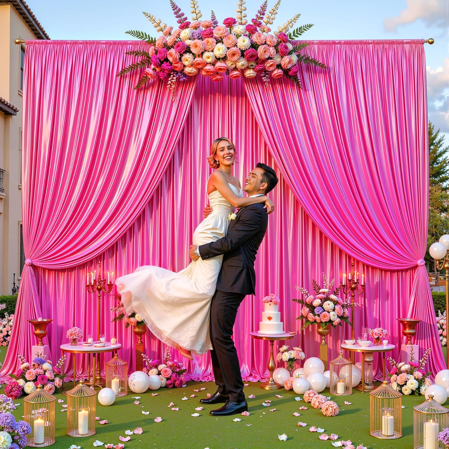 30X10Ft Hot Pink Glitter Backdrop Curtain for Parties, Wrinkle Free Satin Photo