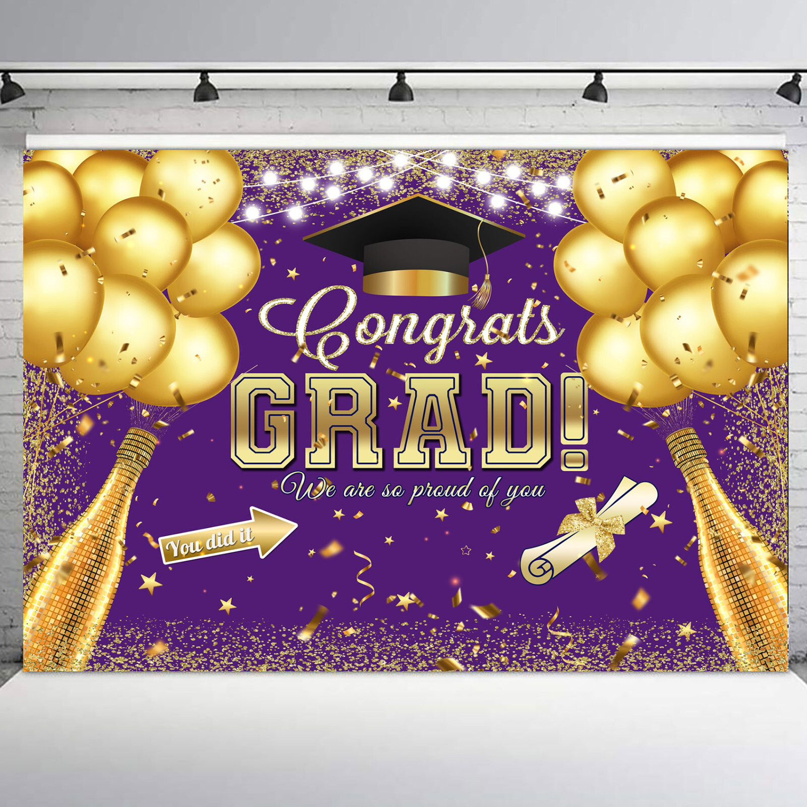 10x8ft Gold Balloon Graduation Party on Purple Photo Background Studio Props