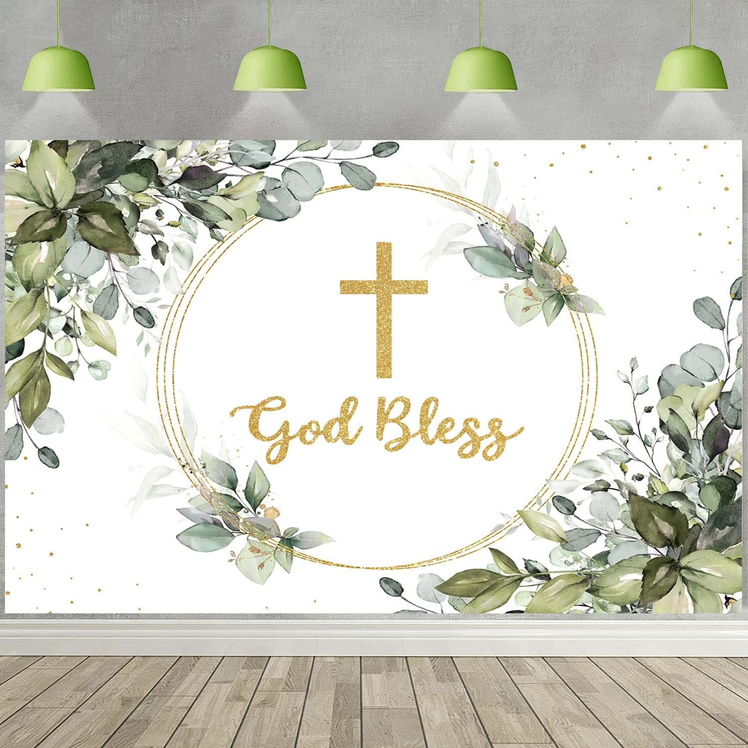 7x5ft Greenery “God Bless” Backdrop First Holy Communion Baptism Background