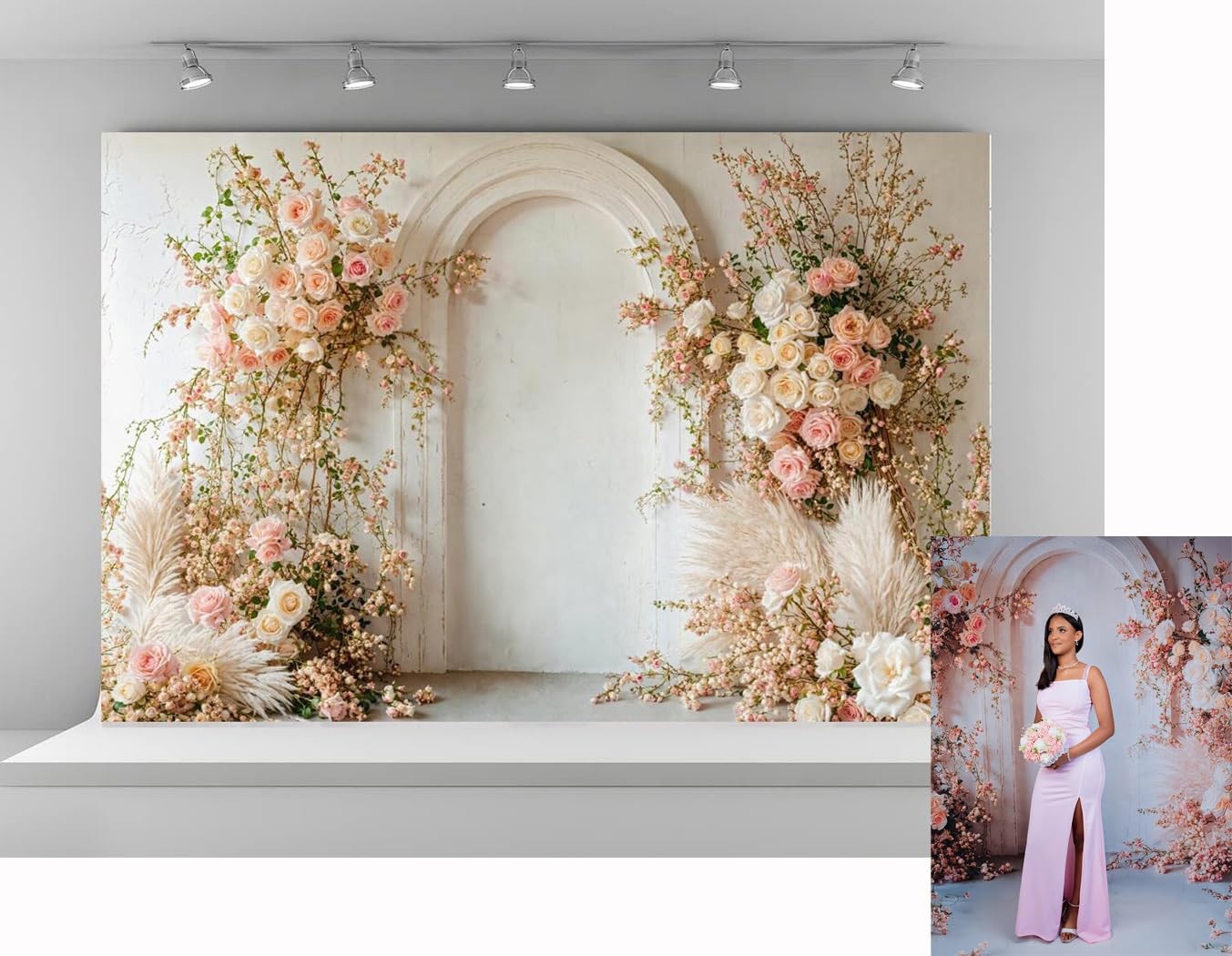 7×5 Ft Spring Pink Flowers White Wall Photography Backdrop Party Background