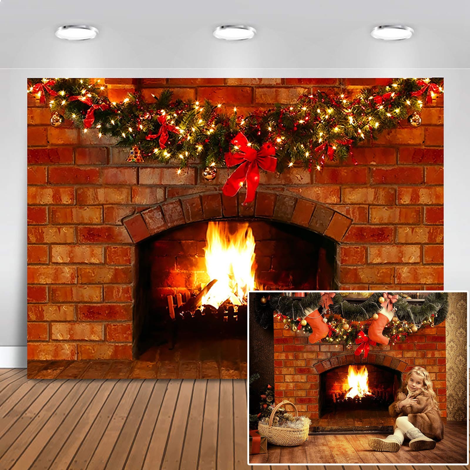 Mocsicka Christmas Fireplace Photography Backdrop Red Brick 7x5ft,