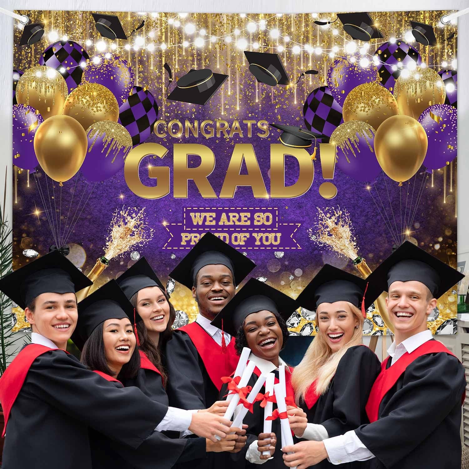 7x5ft Congrats Grad Backdrop Purple Gold Glitter Diamond Graduation Photography