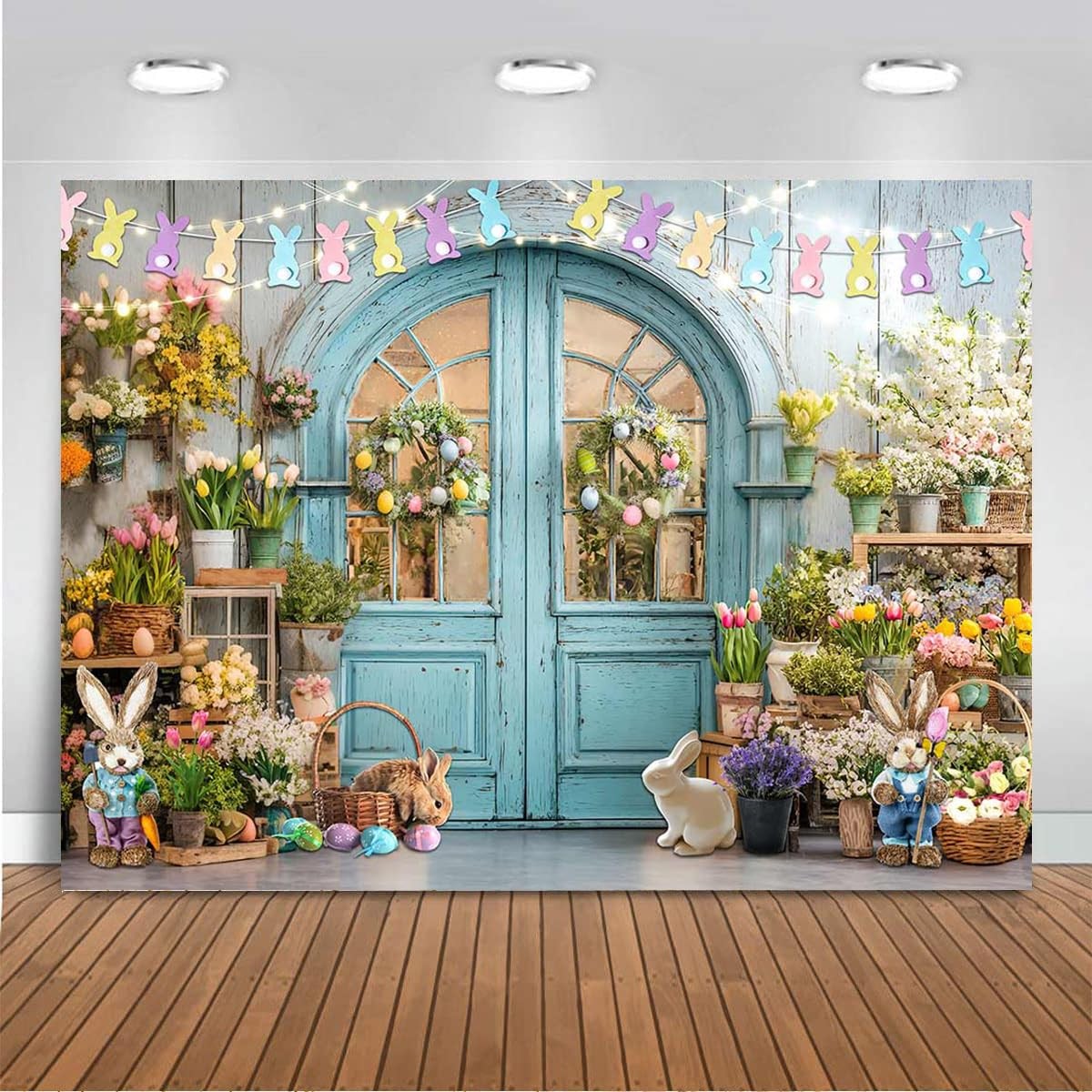 Easter Backdrop Blue Wooden Doors Brick Bunny Rabbit Photo Banner Spring Shop..