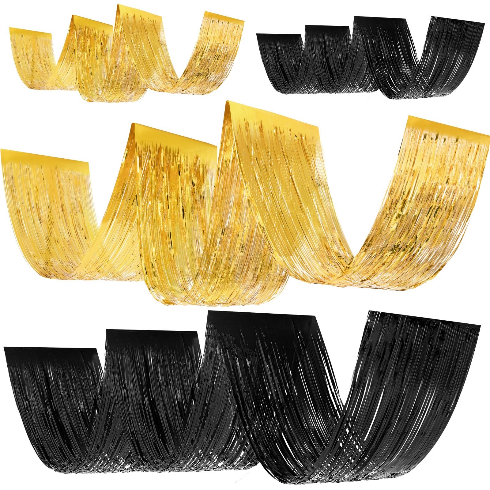 4 PCS 15 FT Gold Black Metallic Foil Ceiling Fringe Curtains Party Backdrop