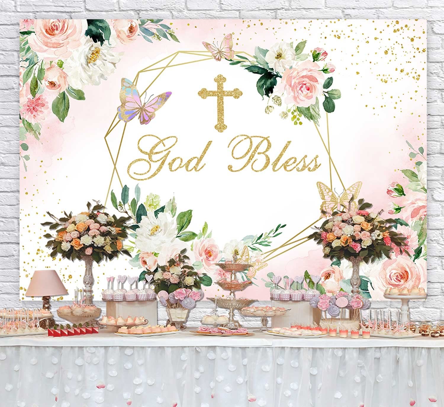 God Bless Backdrop for Girl Baptism Party First Holy Communion Confirmation D…