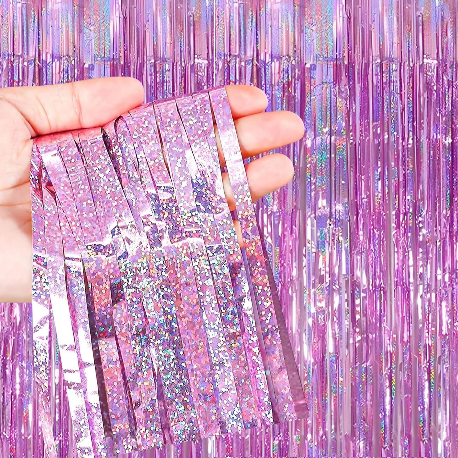 3 Pack Foil Curtain Backdrop 3.3×6.6 ft Tinsel Fringe 3.28 Ft X 6.56 Ft, Pink