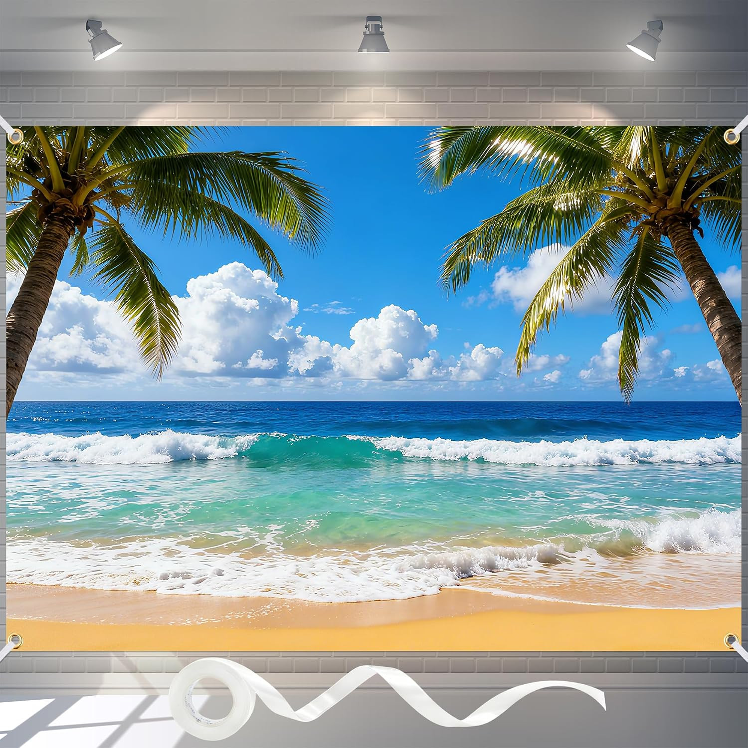 Summer Beach Backdrop Tropical Hawaiian Ocean Background 7X5Ft with Ribbon, Palm