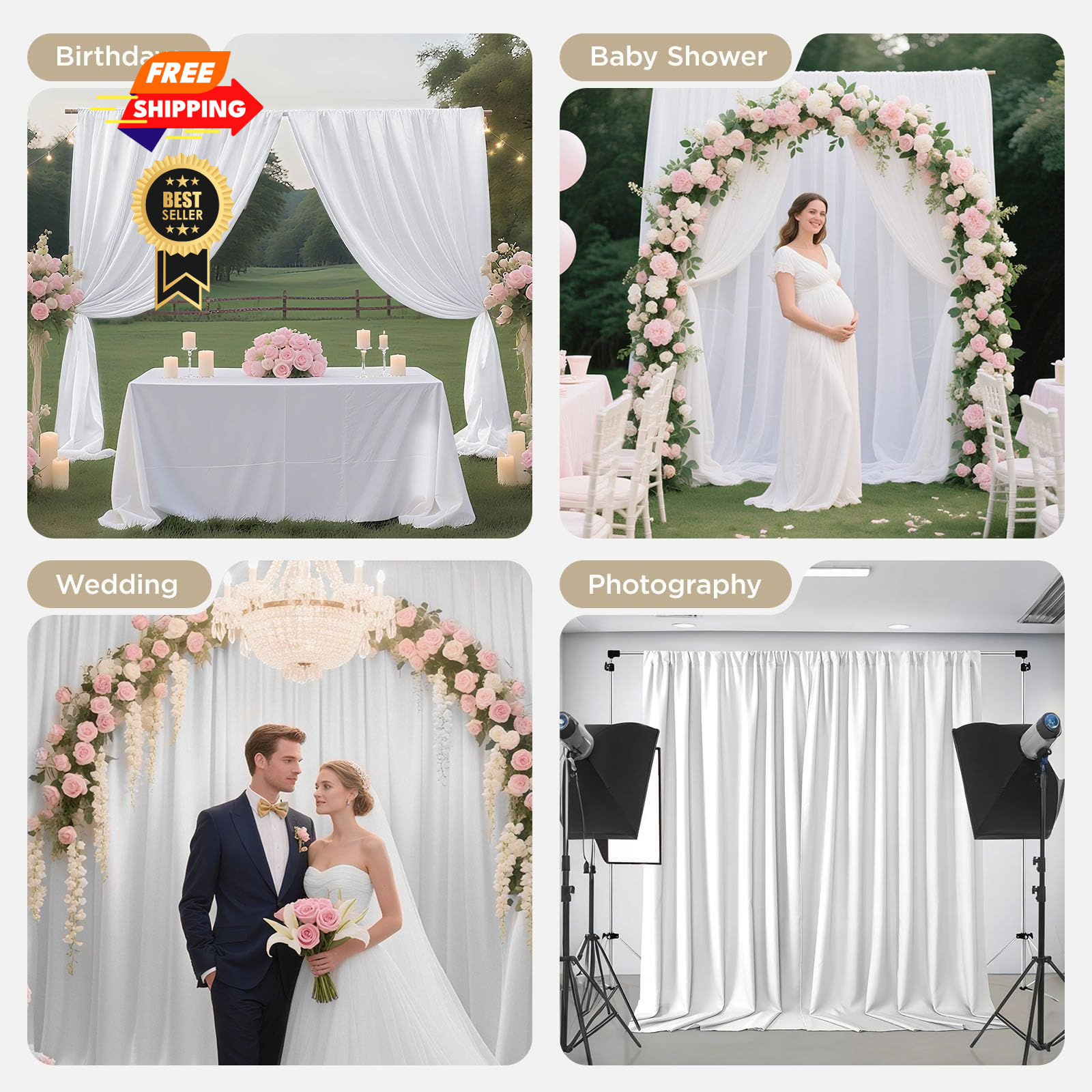 Joydeco 10x10ft White Backdrop Curtain 10FTx10FT (W5’xH10′, 2 Panels),