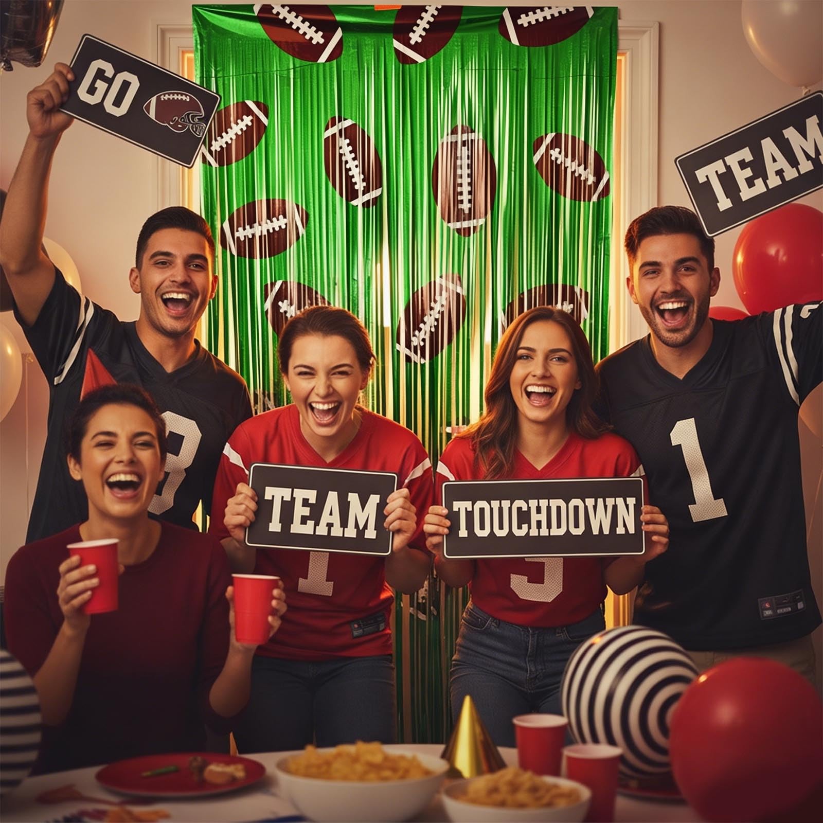 3.3×6.6 Ft Brown Green Football Foil Fringe Curtain Backdrop Sports Decor 2 PCS