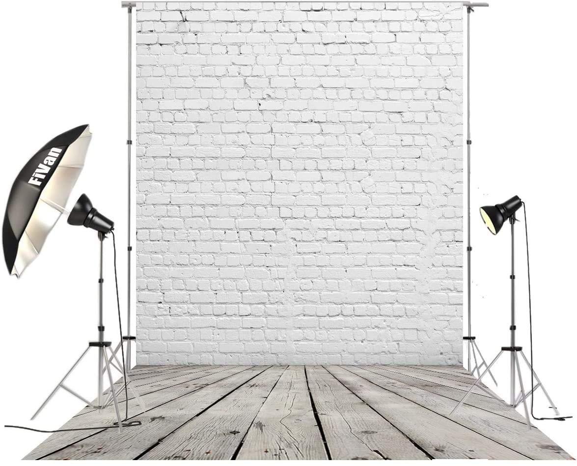 5×10 Ft White Brick Wall Gray Wood Floor Photography Backdrop Vinyl Background