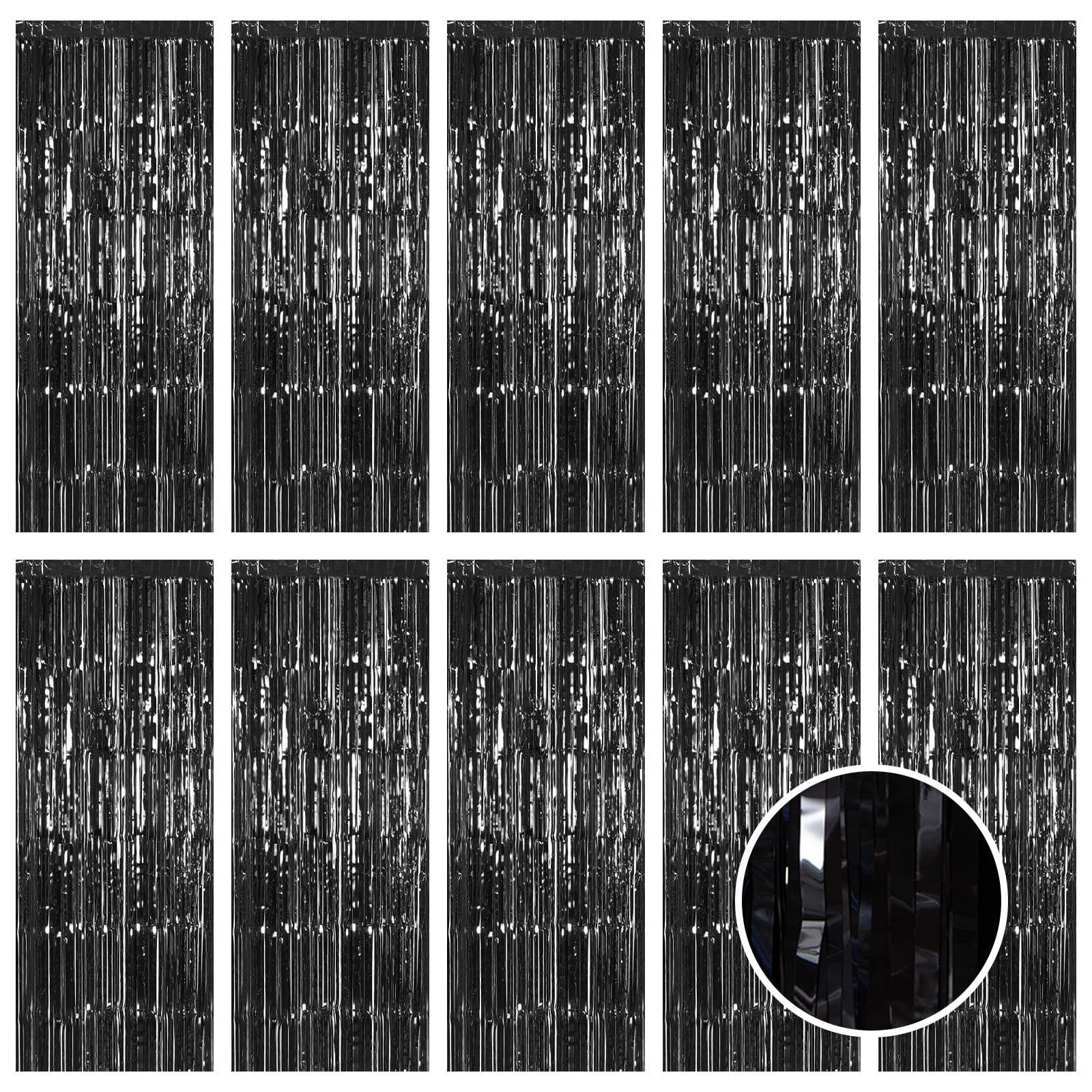 10 PCS Black Foil Fringe Curtain Backdrop 3.2×9.8 Ft Metallic Tinsel Decor
