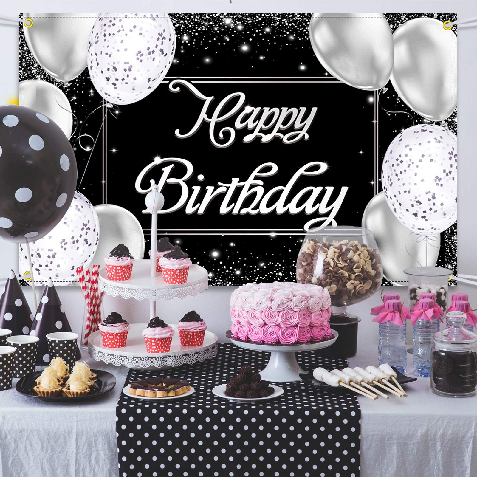 Silver Black Birthday Party Backdrop Silver Black Happy Birthday Banner Silver