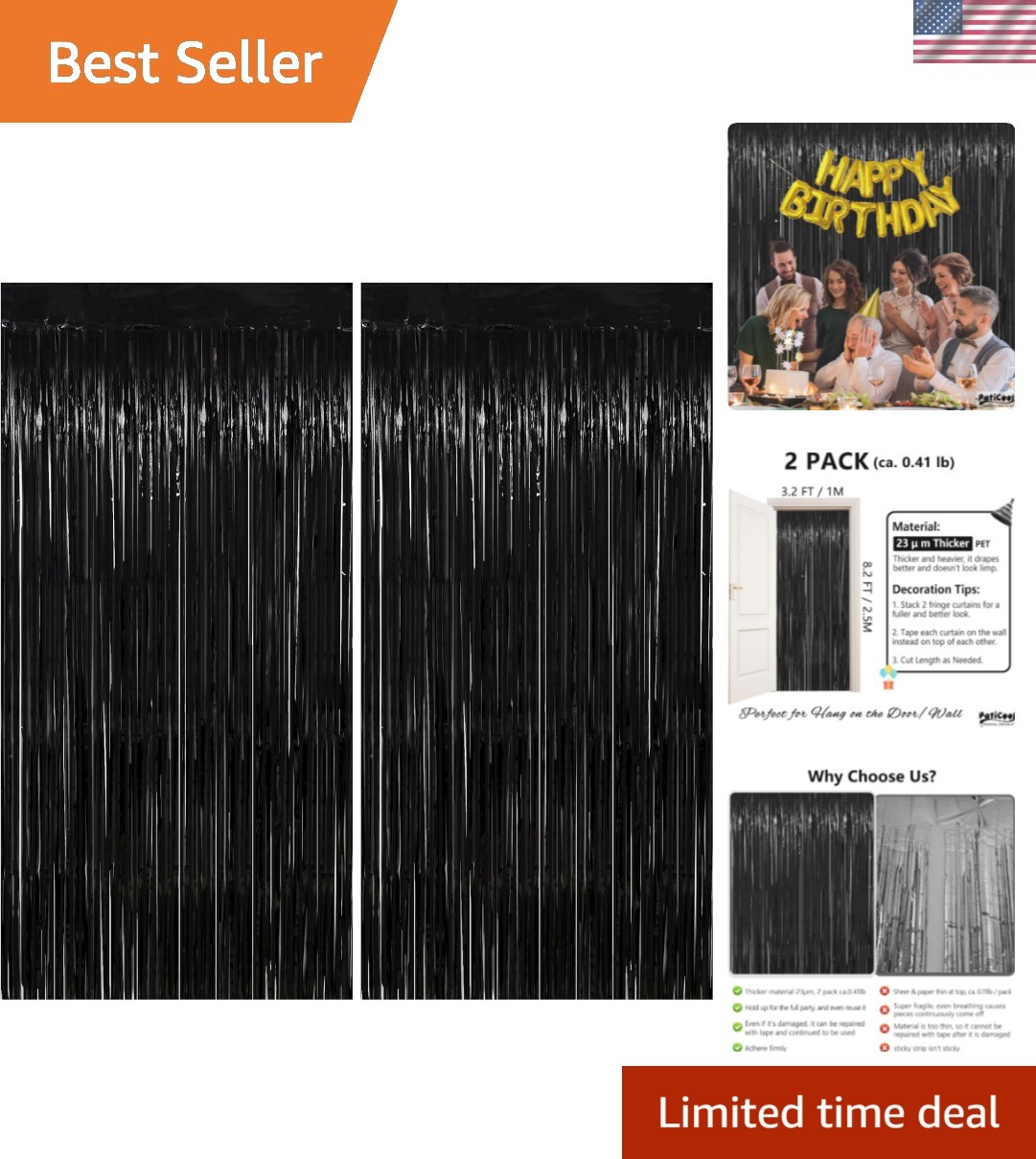 Thicken Black Tinsel Backdrop Curtains 2 Pack 3.2 x 8.2 FT, Black Streamers, …