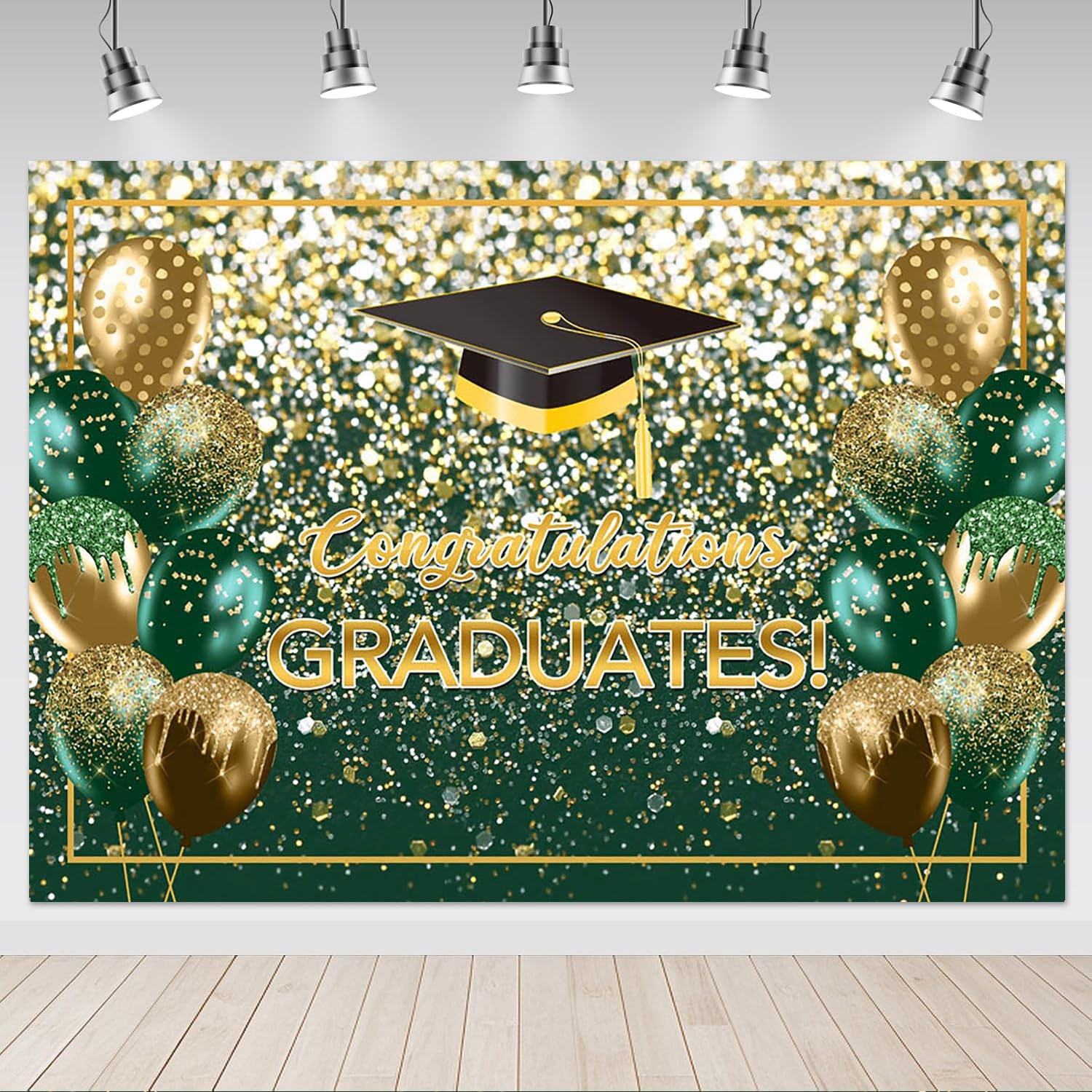 7x5ft Green, Gold Glitter Graduation Backdrop, Class of 2025, Congrats Grad