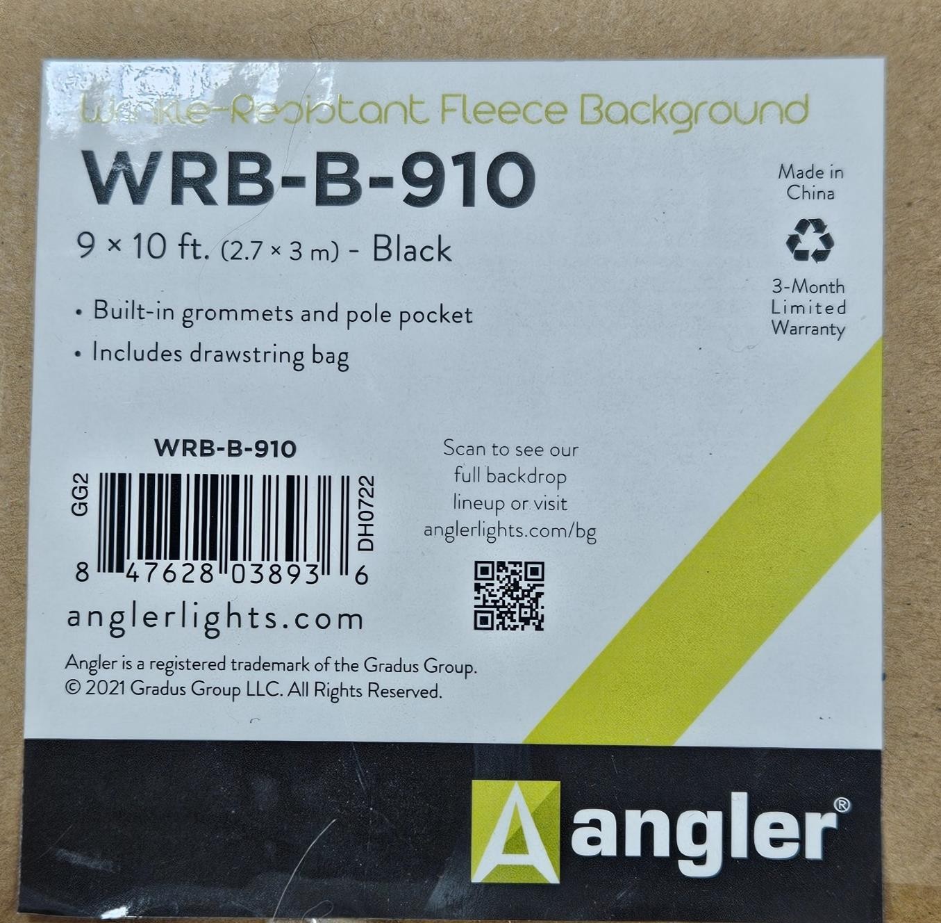 Angler WRB-B-910 Wrinkle-Resistant Fleece Background Black, 9 x 10′ w/Bag