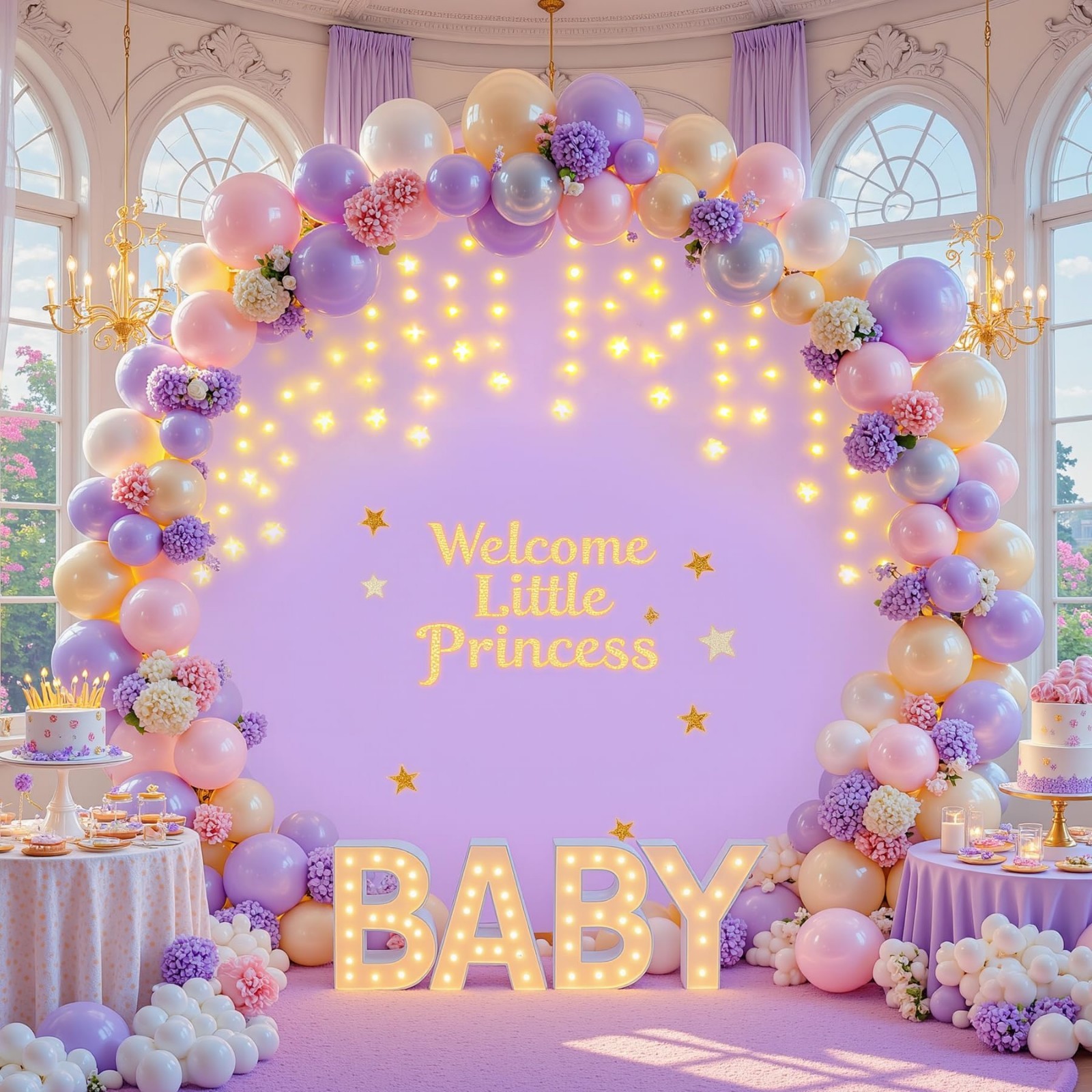 7.2 FT Purple Round Backdrop Cover with LED Fairy Lights for Weddings, Parties &