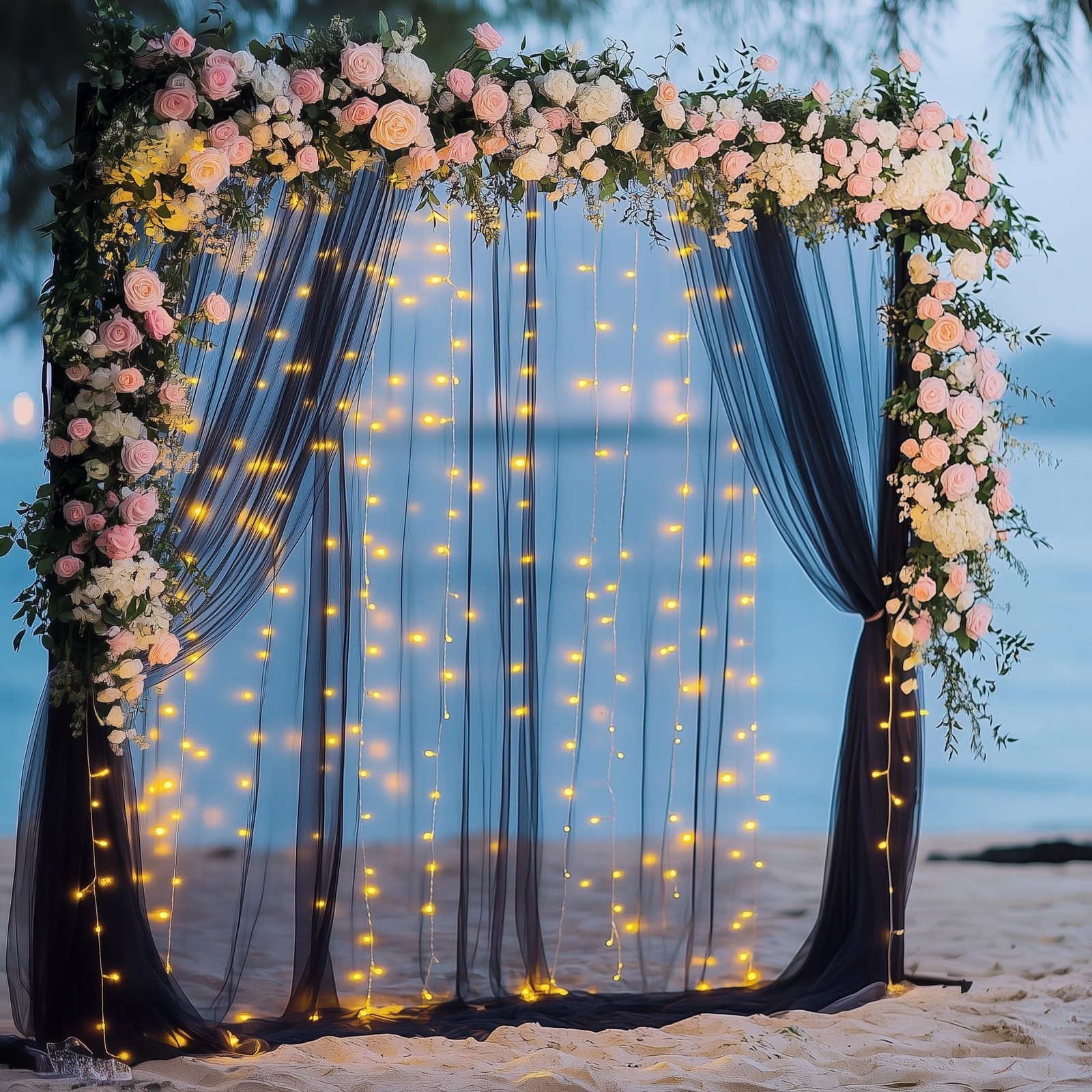 2 Panels 5×10 Ft Black Sheer Tulle Backdrop Curtain String Lights 10×10 Ft Set