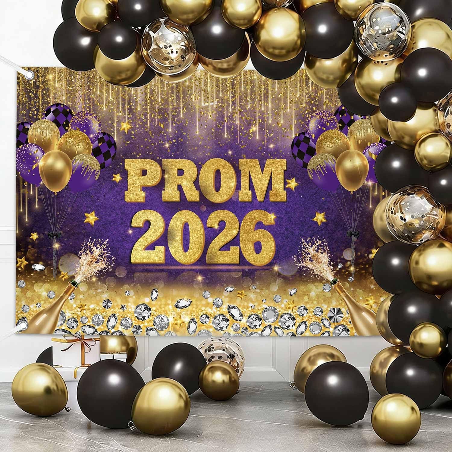 7x5ft Prom 2026 Congrats Grad Backdrop Purple Gold Glitter Graduation Photograph